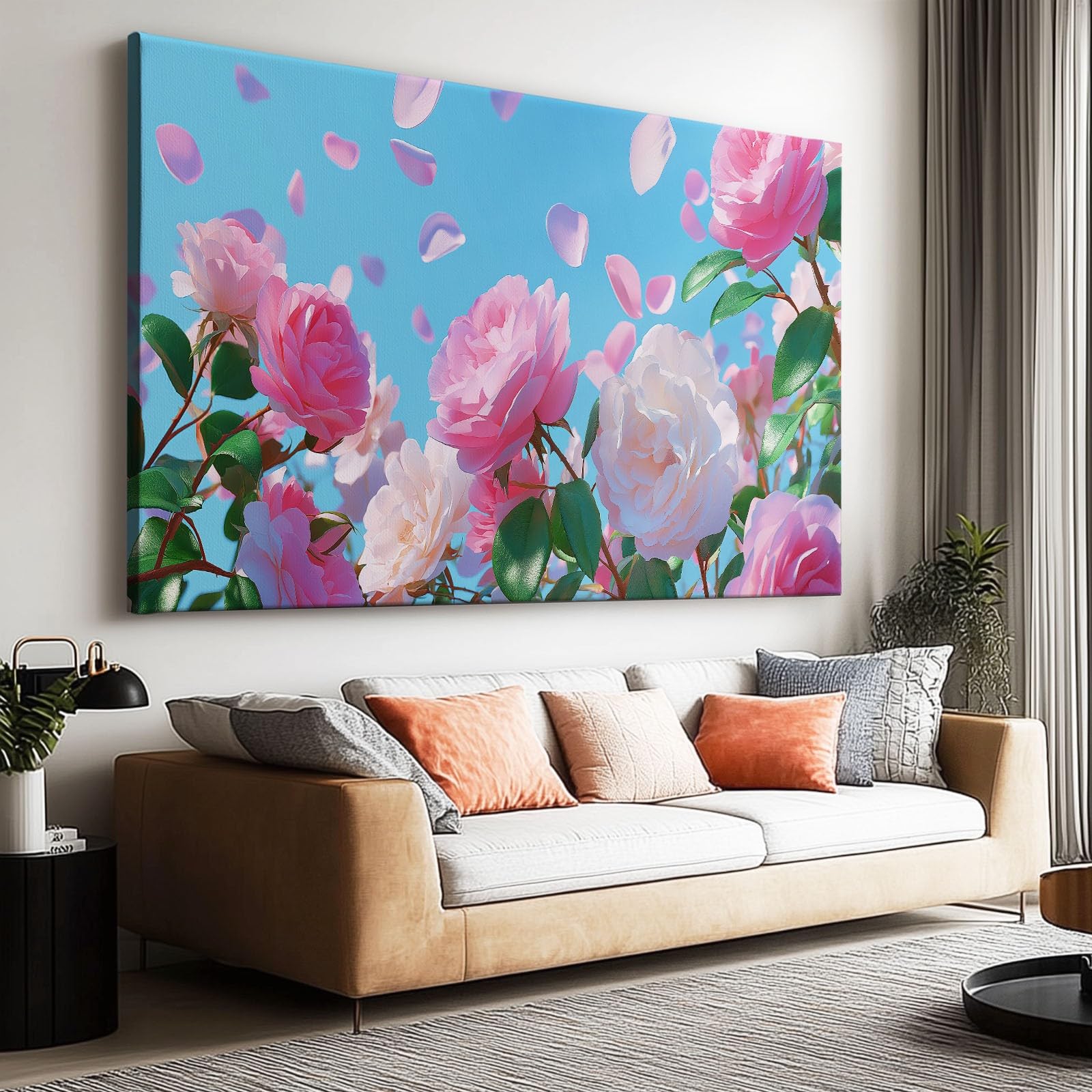 Sztuka ścienna na płótnie, różowe i białe płatki róży, 100 x 75 cm, sztuka ścienna z haczykami, oprawione wydruki na płótnie do salonu, sypialni, przedpokoju, biura, gotowa do powieszenia