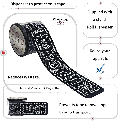 Vista 4 de Cinta de kinesiología precortada con dispensador – Cinta muscular deportiva vertical latina – Sintético Negro 16.4 ft 20 tiras – Cinta de Latina