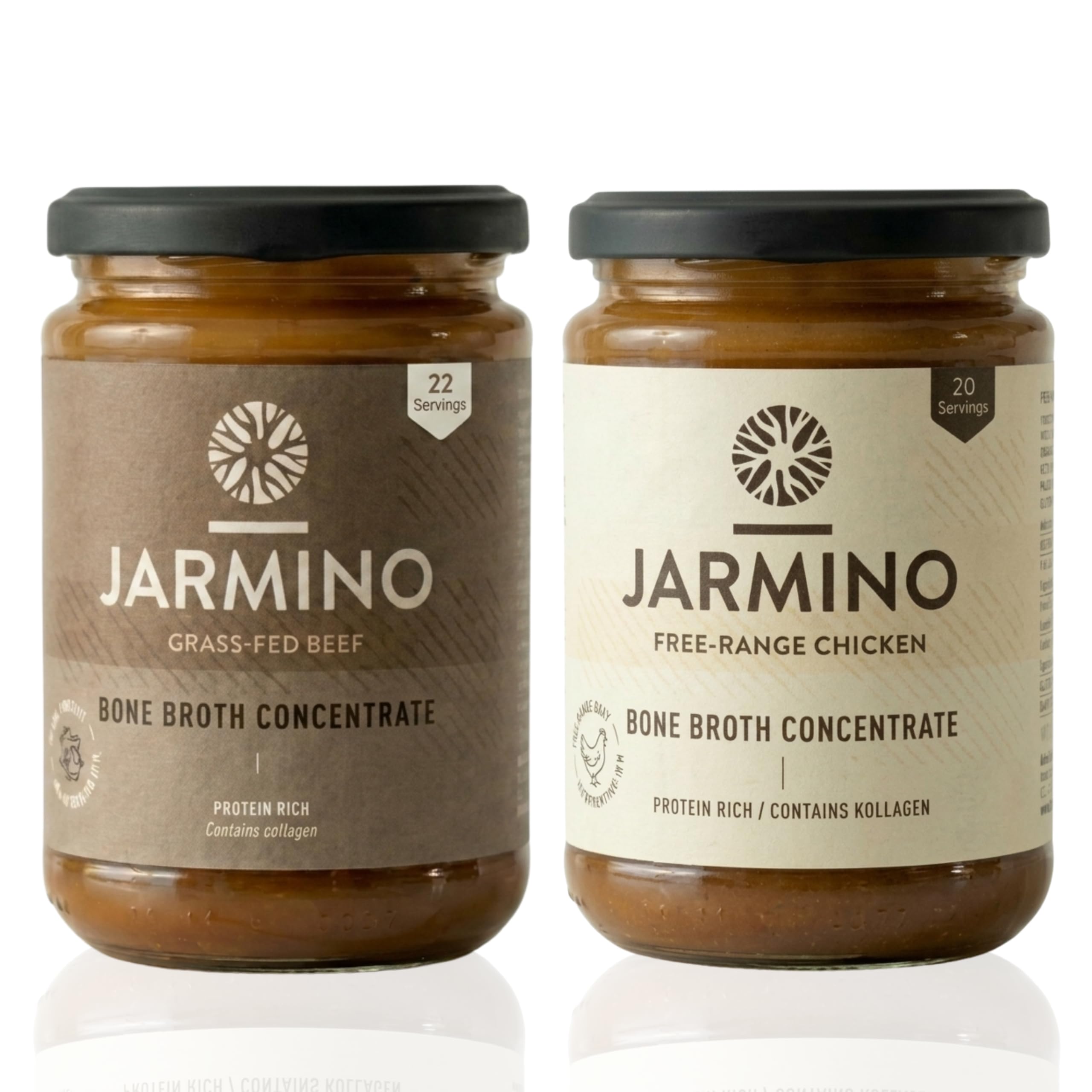 JARMINO Bio Knochenbrühe Konzentrat Bundle – Huhn & Rind, 2er Pack (200g & 220g) – Kollagenreich, Freiland & Grasgefüttert, Keto, Paleo, Natürliche Proteine & Aminosäuren