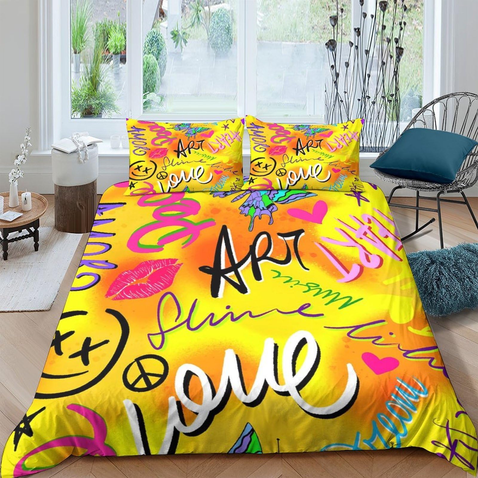 Ctjqhvkz Style-4 3D Printed Graffiti Art Fitted Sheet Microfiber Yellow Love Bed Sheet For Bedroom Guest Room Dustproof Easy Care Single（135X200cm）