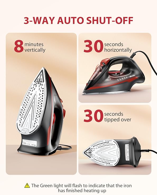 Sundu Steam Iron for Clothes with Rapid Heating Ceramic Coated Soleplate,1500W with Precise Thermostat Dial,Self-Cleaning, Auto-Off,11.84oz Water Tank for Home Clothes Ironing Use,Red