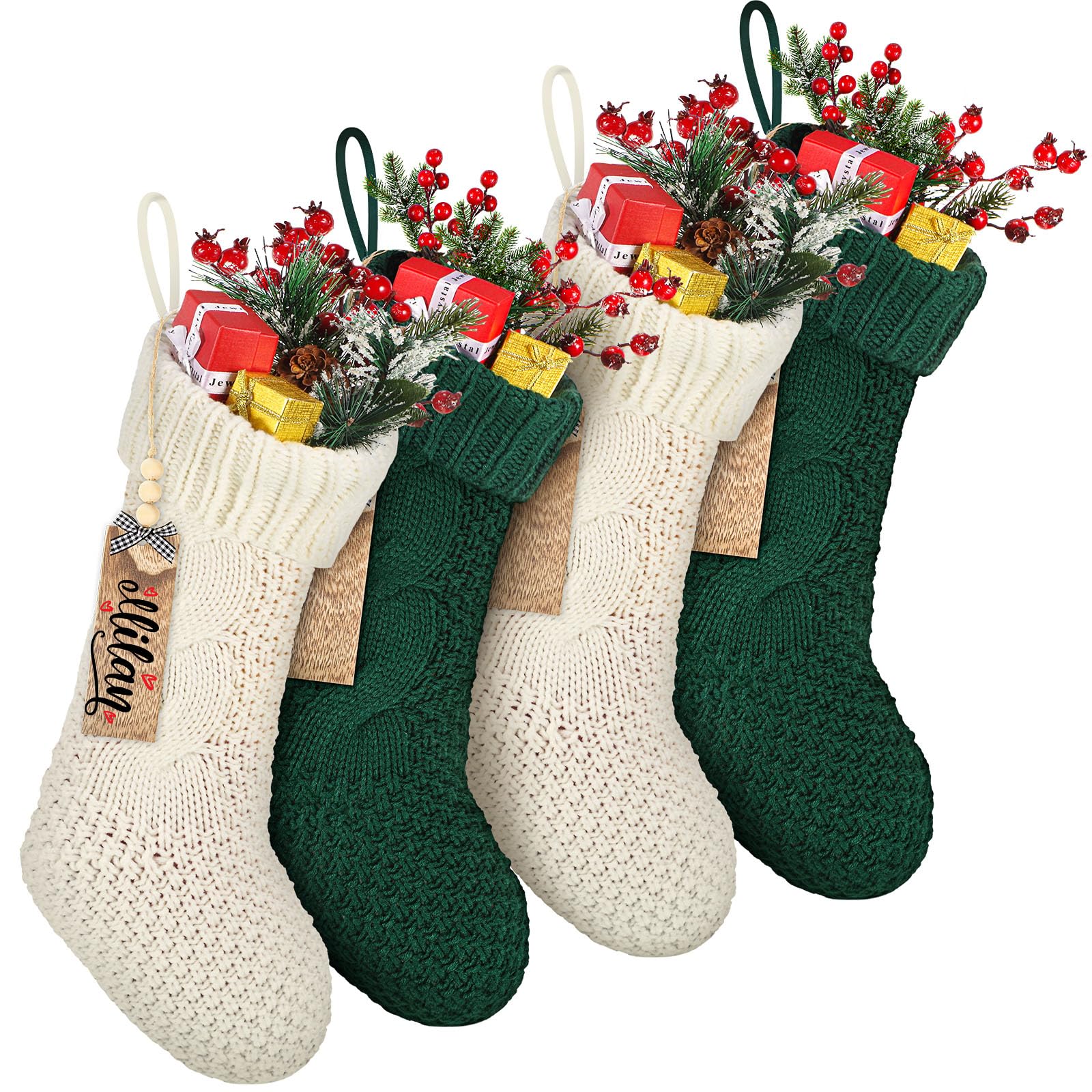 Cozypower Weihnachtsstrümpfe mit Namensschild, 45,7 cm, große Zopfstrickstrümpfe, Weihnachtsstrumpf, Kamin, hängende Strumpf, Geschenktüten für Kamin, Weihnachtsbaumschmuck (weiß, grün), 4 Stück