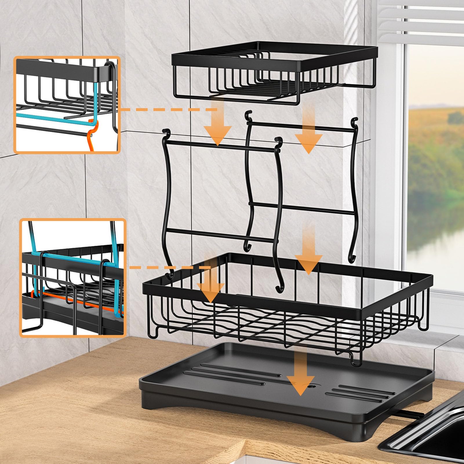 Escurridor de Platos de Dos Niveles con Bandeja y Boquilla giratoria, Porta Cubiertos Desmontable y Organizador de Vasos, para Platos, Cuencos, Vasos y Cubiertos,Negro