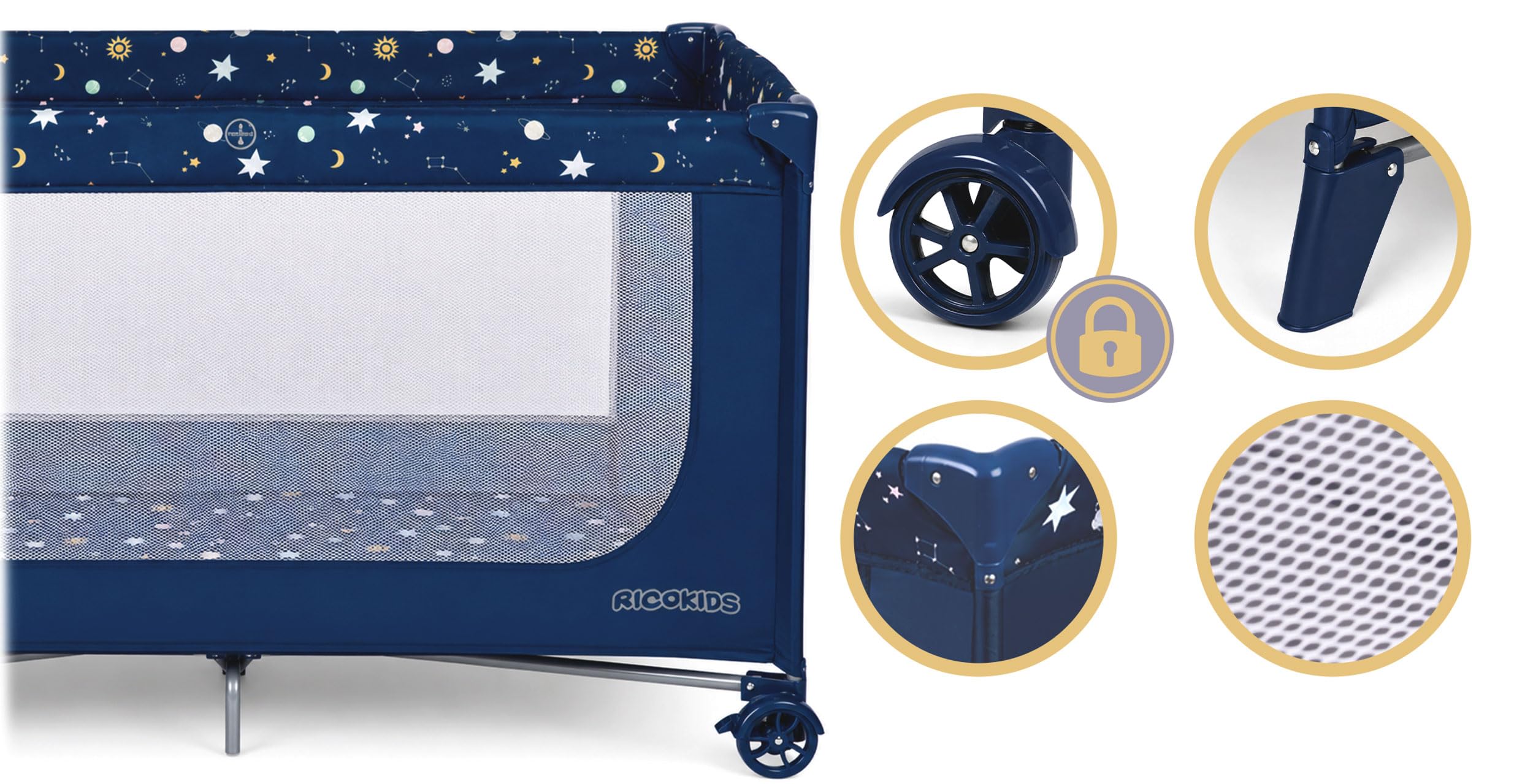 Ricokids Lit de Voyage Pliable pour bébé avec Matelas - Sac de Transport - 125 x 65 x 78 cm - Bleu foncé avec étoiles