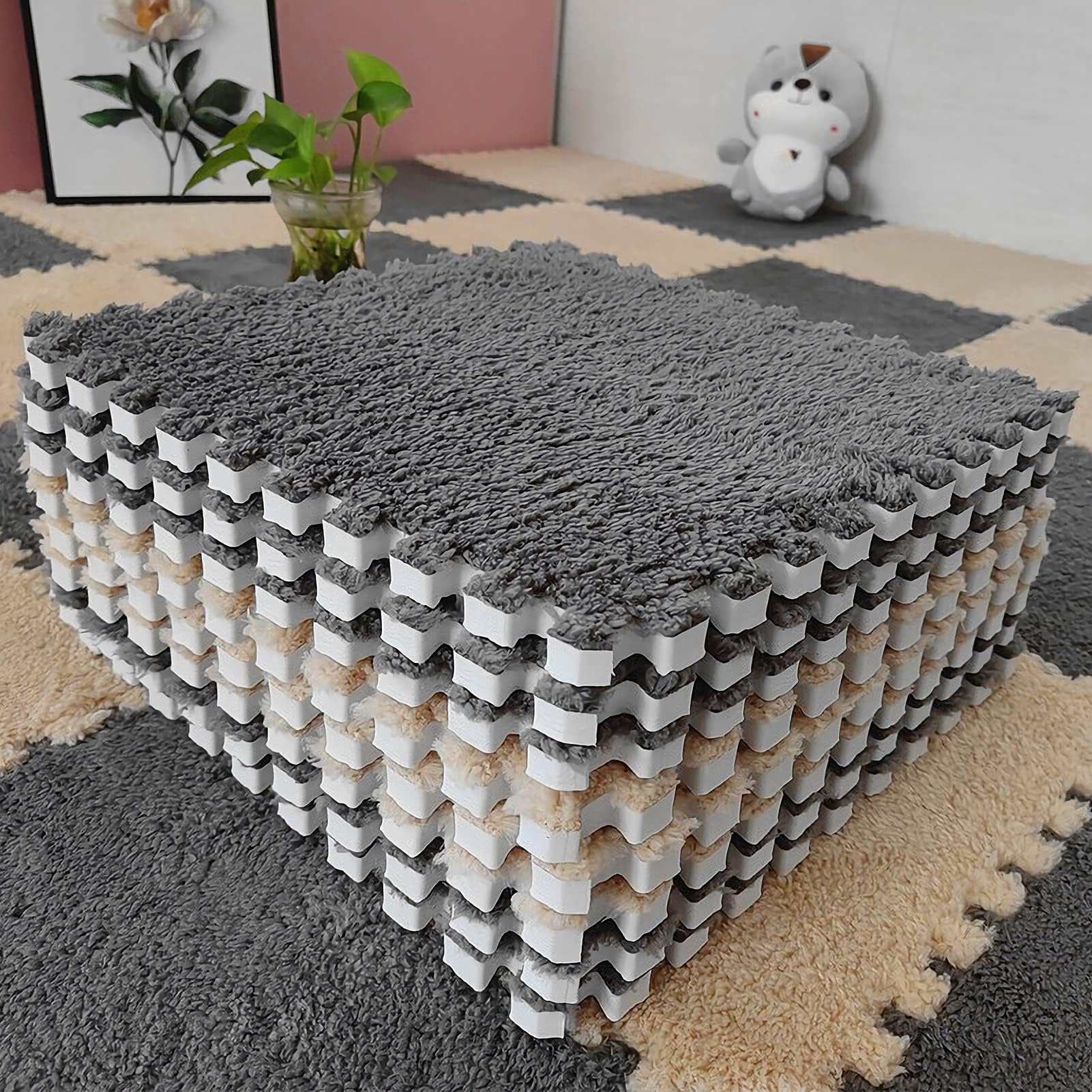 12 pcs Thickened Plush Interlocking Floor Mat 0.6" Thick- Fluffy Square Tiles with 12 Edgings Soft Anti-Slip Puzzle Area Rug Playmat for Room (11.8", Gray & Light Brown)