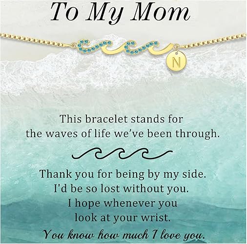 Dainty Gold Bracelet with Initials, Gifts for Women Initial Bracelets for Women Mom Gift Teen Gifts Trendy Stuff Wave Bracelet Grandma Graduation Gifts for Her 2025 Daughter Friend Letter A-Z Birthday Christmas Jewelry