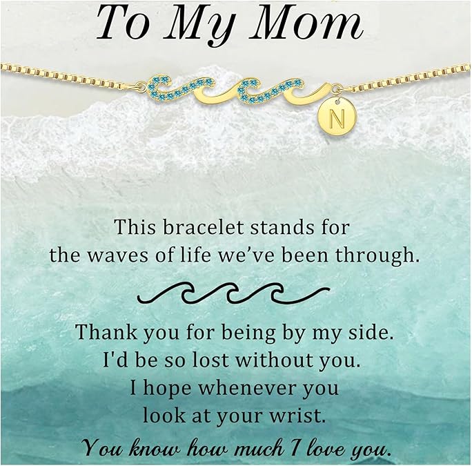 Dainty Gold Bracelet with Initials, Gifts for Women Initial Bracelets for Women Mom Gift Teen Gifts Trendy Stuff Wave Bracelet Grandma Graduation Gifts for Her 2025 Daughter Friend Letter A-Z Birthday Christmas Jewelry