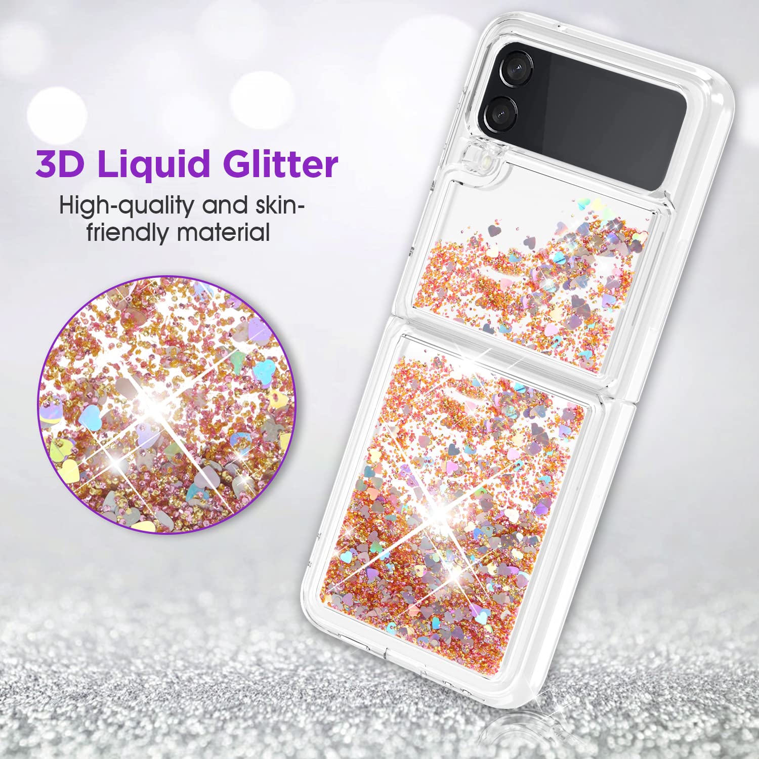 ANSHOW for Samsung Z Flip 3 Case Glitter, Shockproof Clear TPU Liquid Glitter Case, Bling Gold Glitters Case for Samsung Z Flip 3 for Women Protective Cover