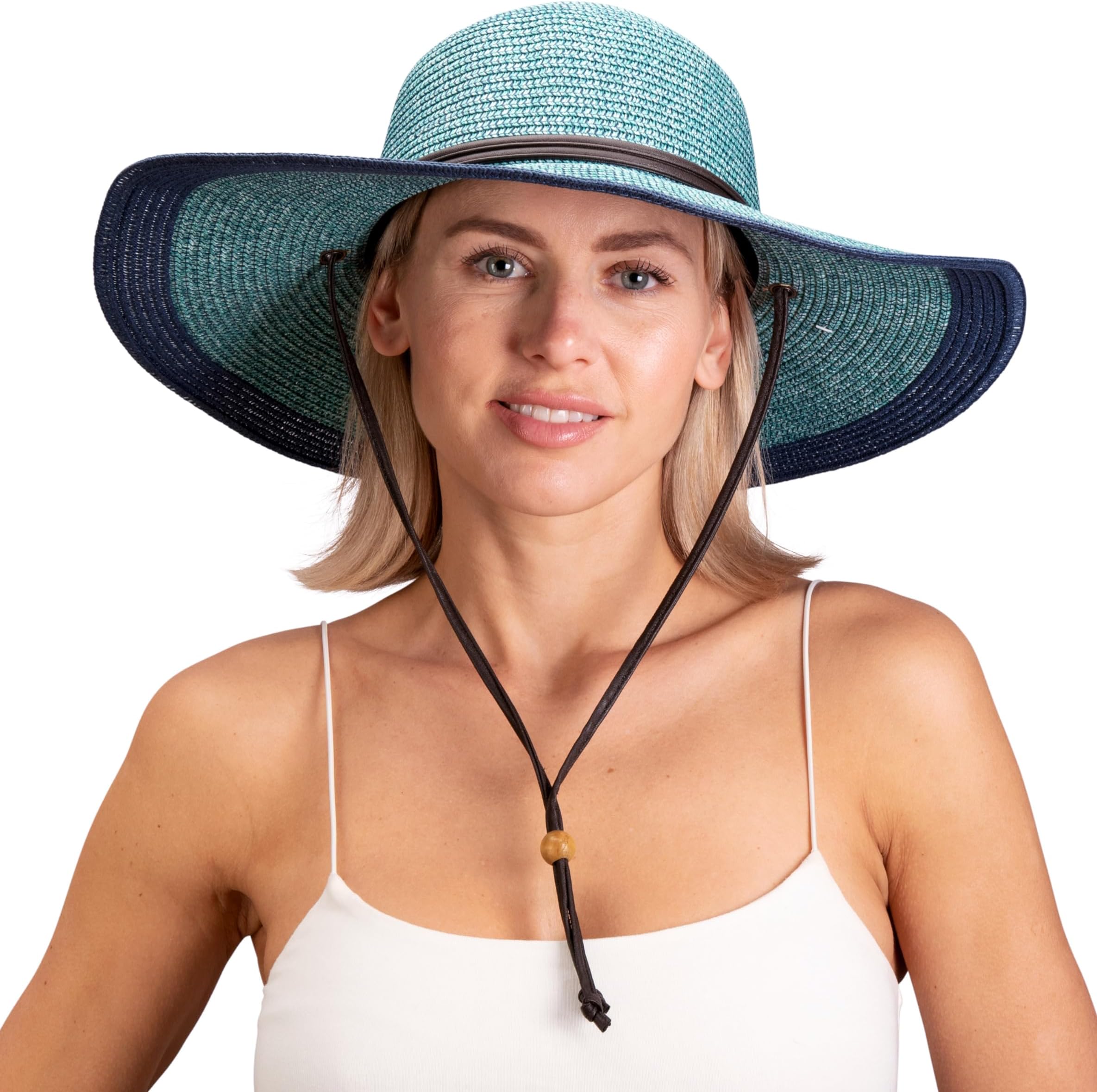 Sloggers Women's Wide Brim Braided Sun Hat with Wind Lanyard - UPF 50+ Maximum Sun Protection Grey Blue