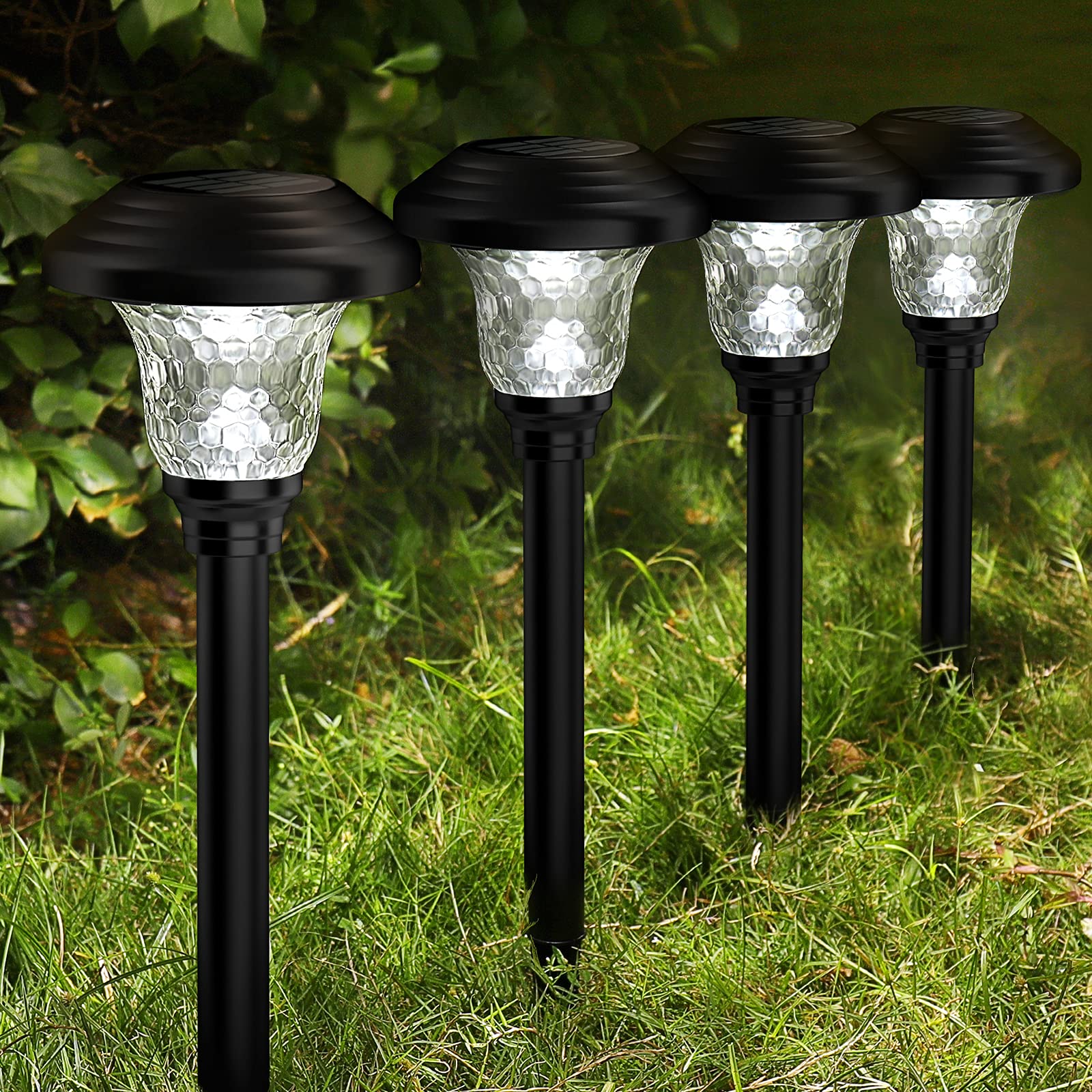Glass Solar Lights Outdoor, 4 Pack Super Bright Solar Pathway Lights, Up to 12 Hrs Long Last Auto On/Off Garden Lights Solar Powered Waterproof, Stainless Steel LED Landscape Lighting for Yard
