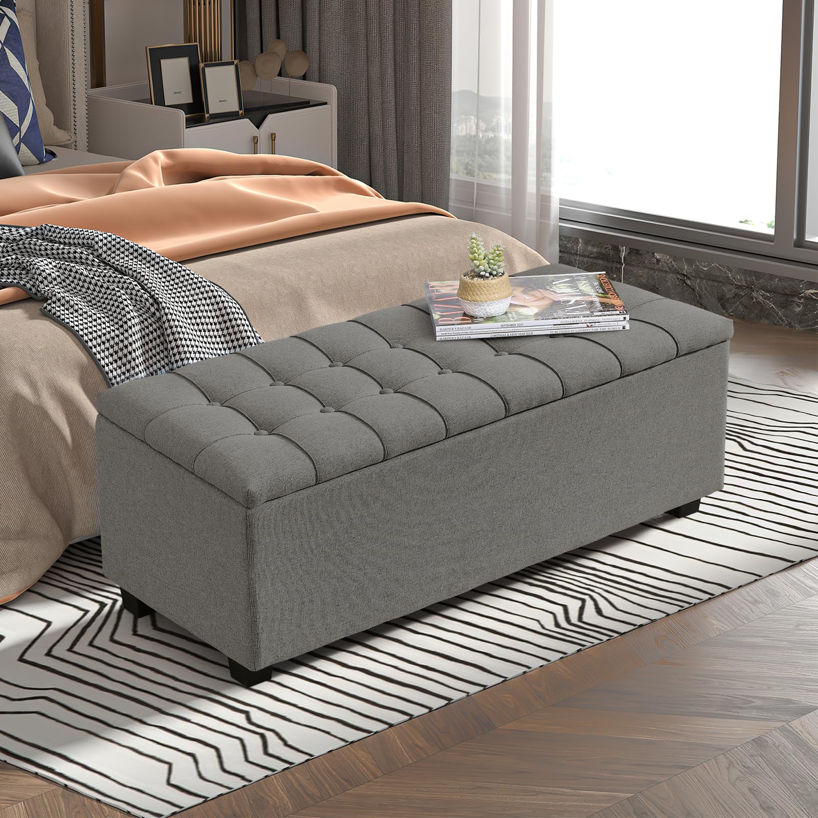 Hommoo Storage Ottoman Bench 38" Linen Fabric Upholstered Foot Stool for Living Room Bedroom Entryway Rectangular Storage Trunk for Toys,Blankets Organizer Tufted End of Bed Bench Coffee