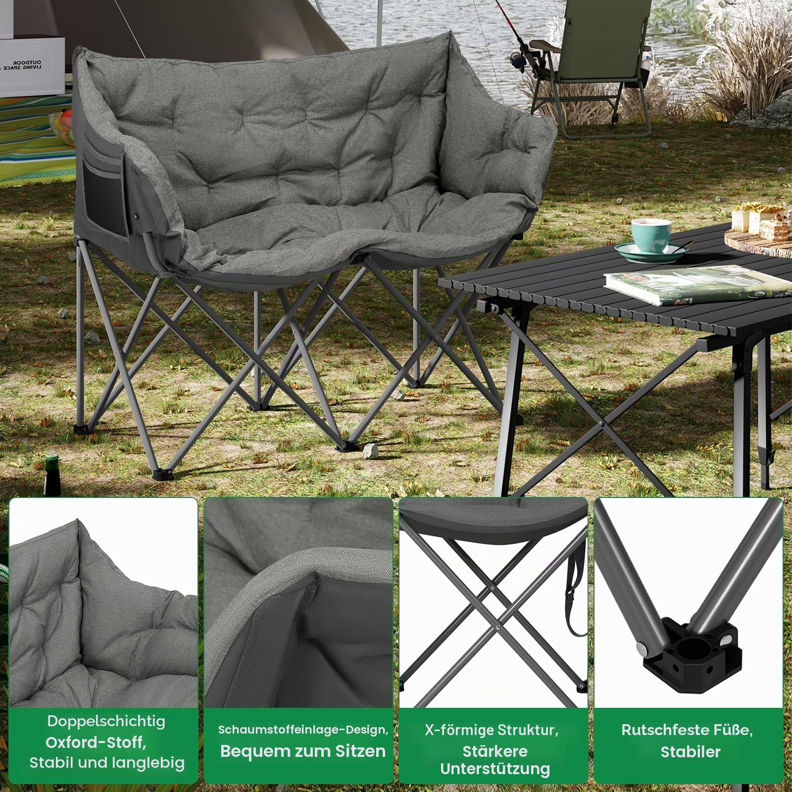 WOLTU Campingstuhl Faltbar für 2 Personen, 121 cm breit