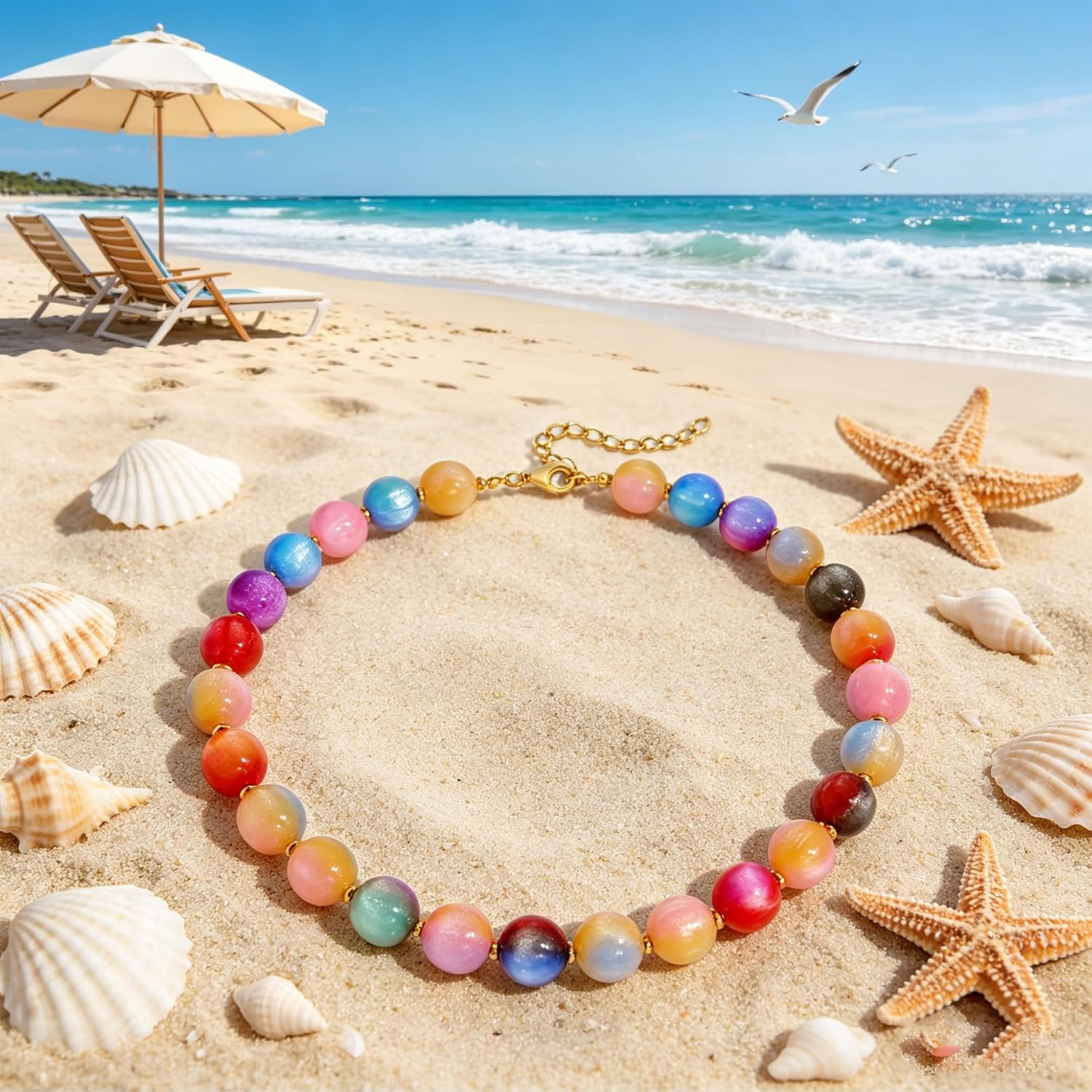 Colorful Beaded Necklace for Women Boho Resin Beads Choker Necklaces Statement Necklace Summer Jewelry