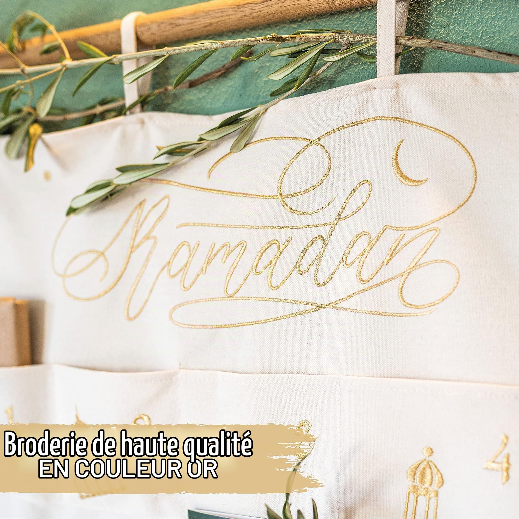 Papierdrachen Calendrier du Ramadan 2023 comme calendrier mural en tissu à remplir - beige & or - brodé de haute qualité - sac en tissu - coton - réutilisable - set 3