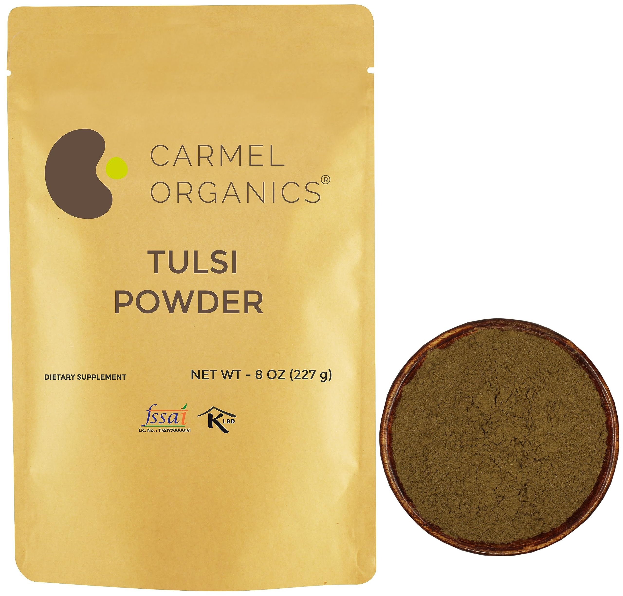 CARMEL ORGANICS Tulsi Leaves Powder 8 Ounce or 1/2 lb (Pack of 1) | Natural Tulsi Powder | Non-GMO | Kosher | Holy Basil | No Added Preservative