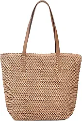 Bolsa de praia grande de palha para mulheres, bolsa de palha de tecido com zíper, bolsa de ombro de palha de verão