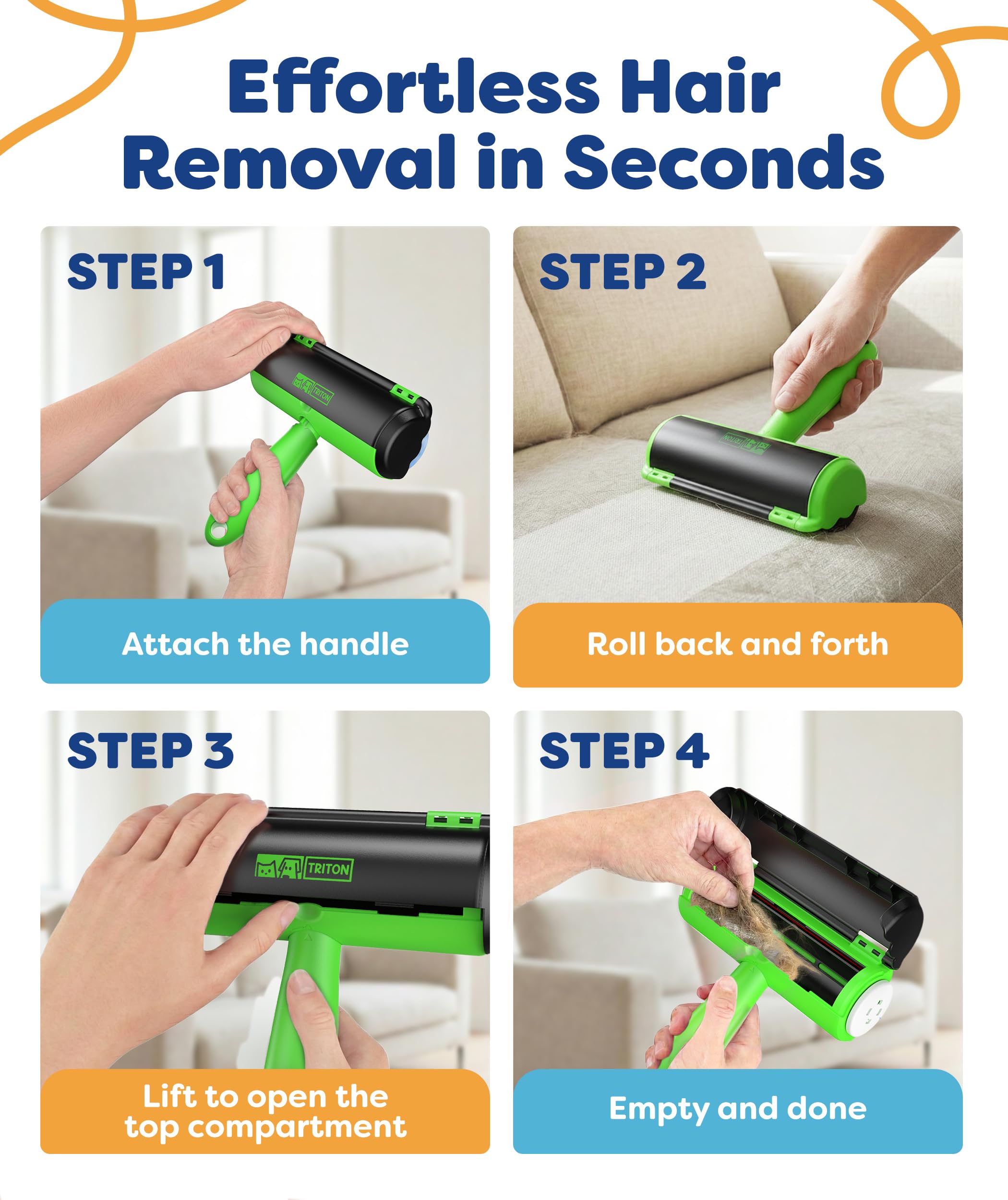 Triton Pet Hair Removal Tool w/Fur Trapping Compartment, 60% Smaller Storage Size, Reusable Shedding Roller, Cat and Dog Hair Remover for Car, Furniture, Carpet, Couch (Green) - image 3