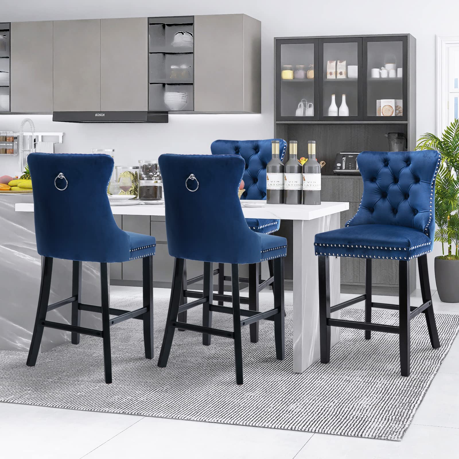 SoarFlash Modern Velvet Upholstered Bar Stools Set of 4 with Wood Legs, Button Tufted,Chrome Nailhead, Counterstool Seat, Armless Bar Chairs (Blue)