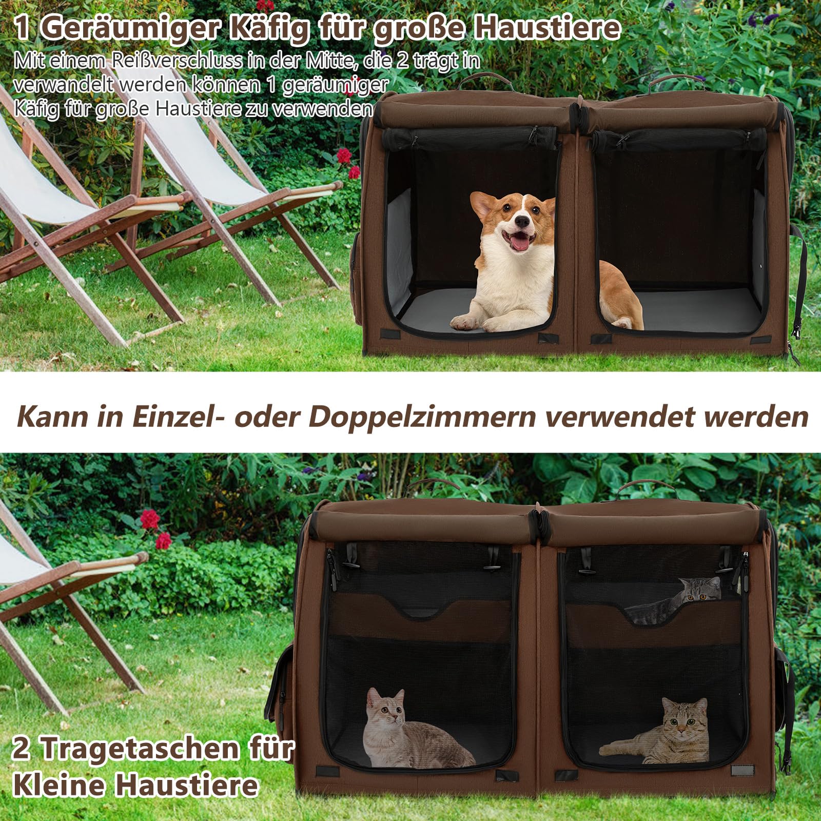 GOPLUS Transportbox mit Zwei Fächern für Katzen, 2 in 1 Haustierhütte mit abnehmbaren Hängematten & Katzentoilette, Tragbare Reisebox für Katzen & Hunde mit Tragetasche (Braun)