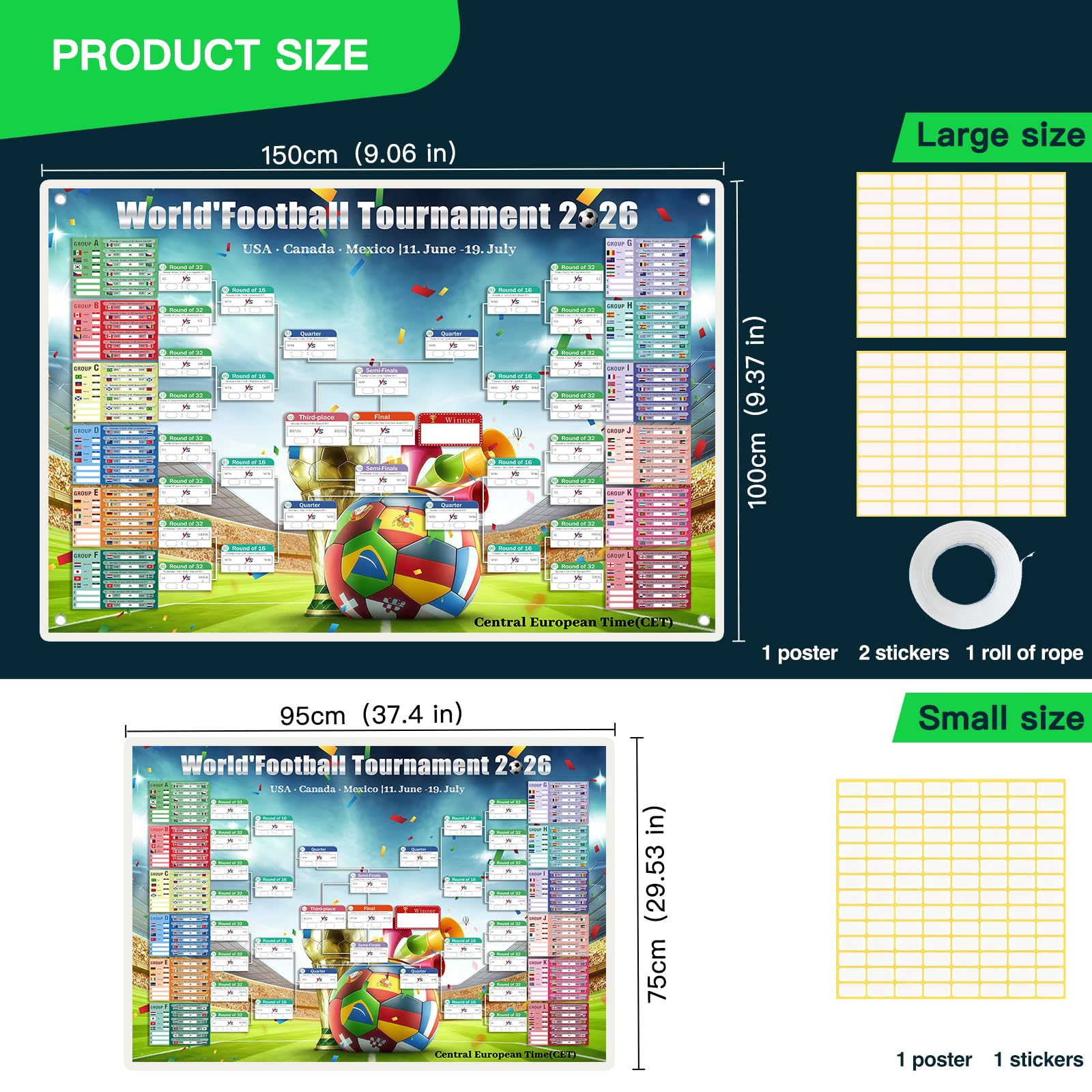 Poster Calendrier Coupe du Monde 2026, (95 x 75 cm) Calendrier 2026 Affiche de La Coupe du Monde, Poster Coupe monde 2026 Football Match Decoration (95 x 75CM)