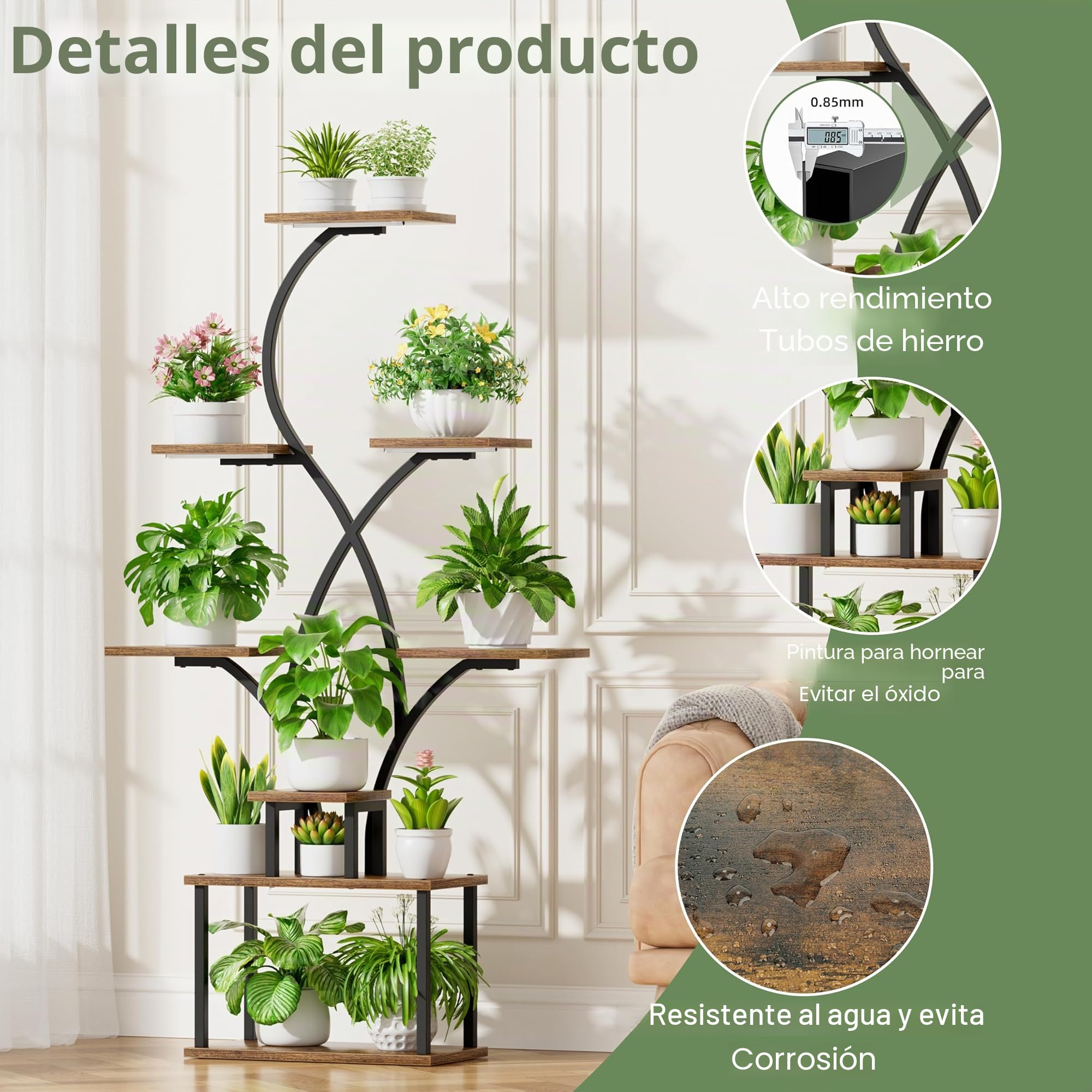BACEKOLL Estantería para plantas con luz de crecimiento, 8 niveles, 158 cm, metal y madera, soporte para plantas para interior y exterior, color negro