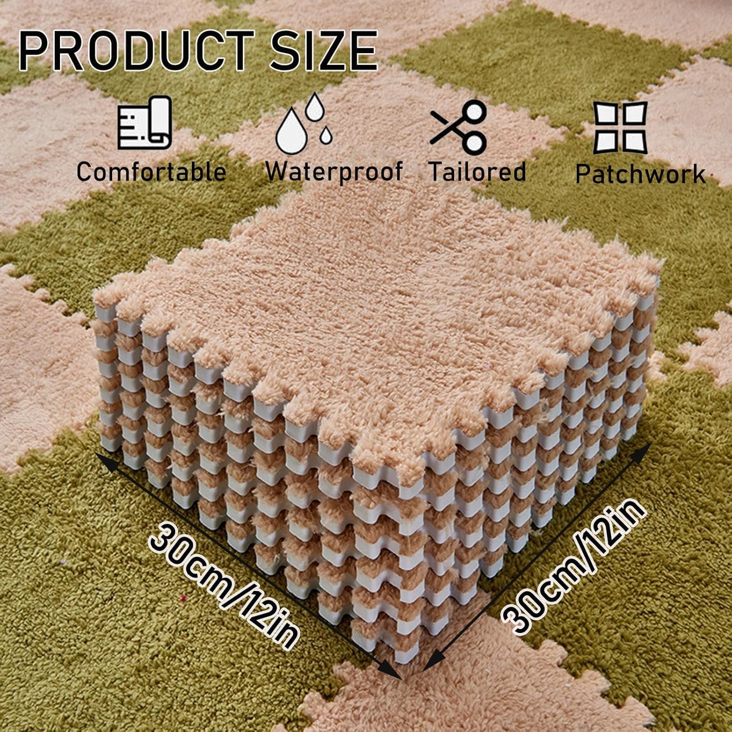 Plüsch-Puzzlematte, 24 ineinandergreifende Plüsch-Fußmatten aus Eva-Schaum, Mehrfarbig(Rose Red+Brown+White)