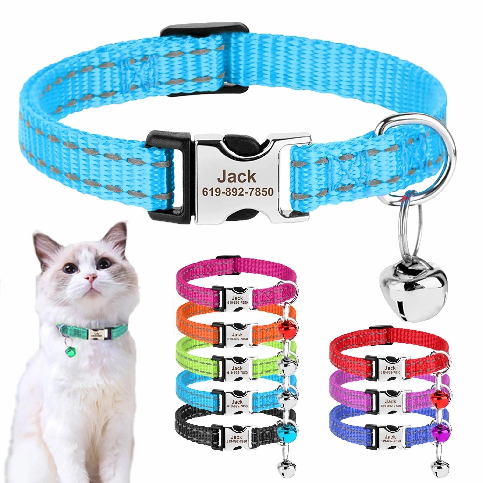 SEOUGEE Personalised Cat Collar with Name Tag, Adjustable Nylon Reflective Kitten Collars with Bell and Safety Buckle, Customize Engraved Pet Name & Phone Number, Sky Blue)