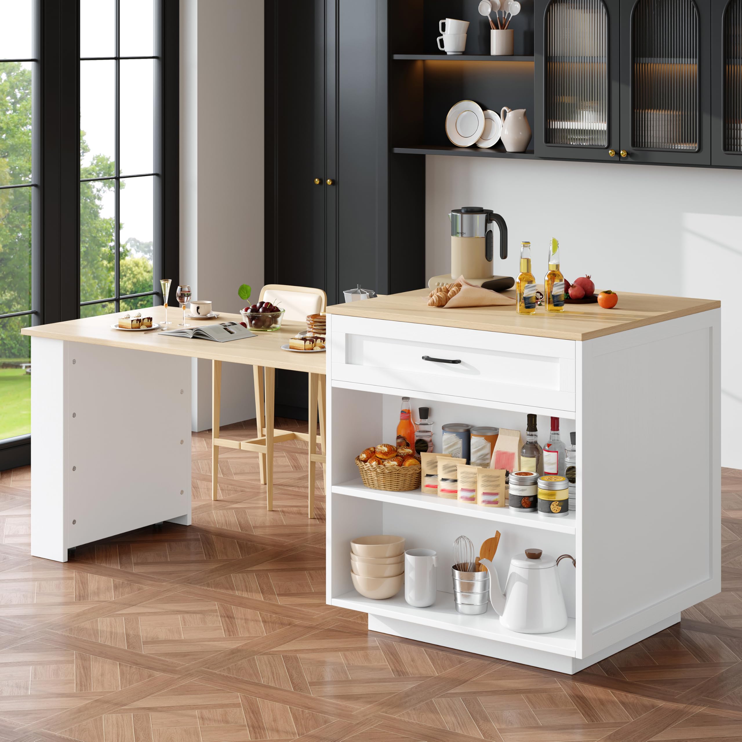 Bladez Isola cucina piano lavoro espandibile, tavolo da cucina allungabile 2-6 persone, tavolo bar con ripiani laterali e cassetti, penisola cucina, angolo bar, nero