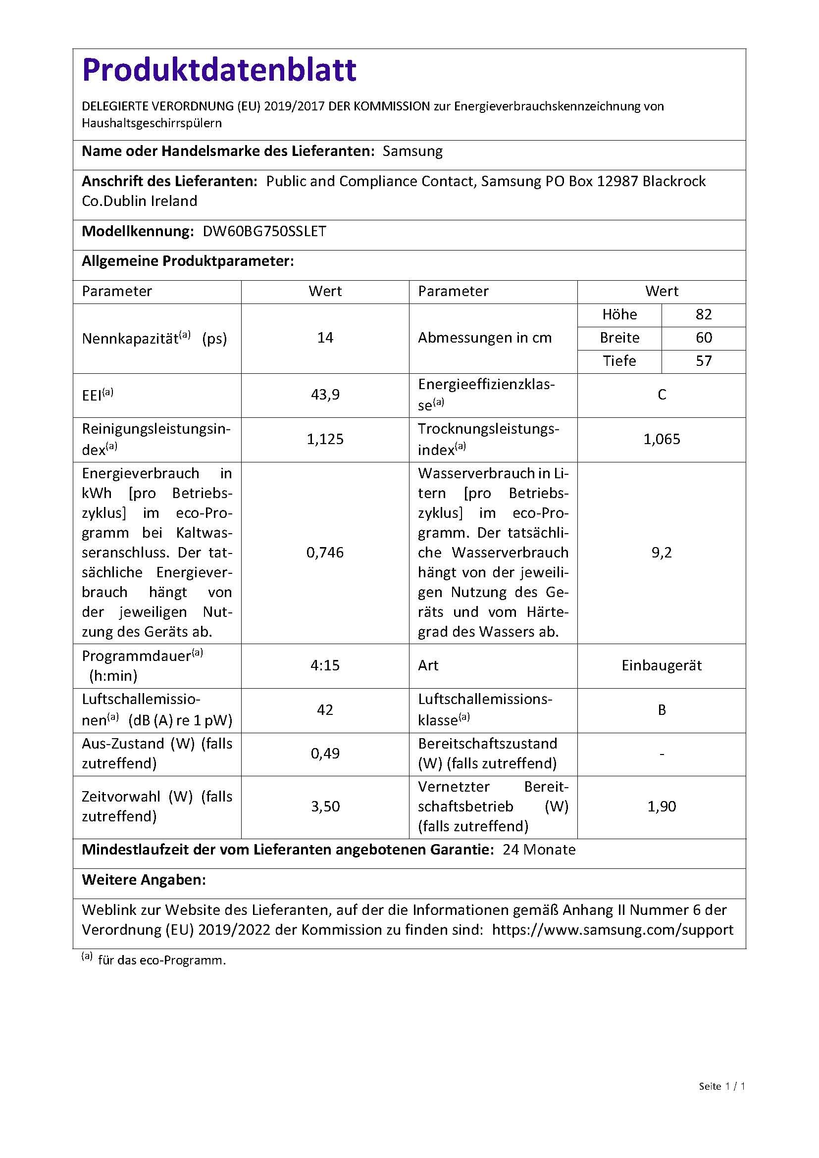 Samsung Unterbau-Geschirrspüler, 60 cm, Teilintegrierbar, EEK : C, 14 Maßgedecke, 9,2 l Wasserverbrauch, WaterJet Clean, SmartThings AI Energy Mode, 42 dB(A), Weiß, DW60BG750SSLET
