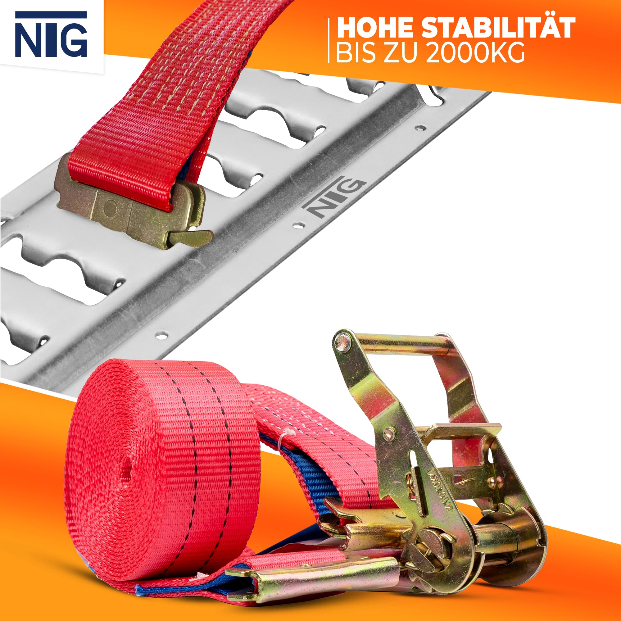 NTG 10 Correas Tensoras para Carril de Anclaje Cinturon Seguridad Combinado con Trinquete, 2000 kg, 5 Metros de Largo, 50 mm de Ancho, Dos Piezas