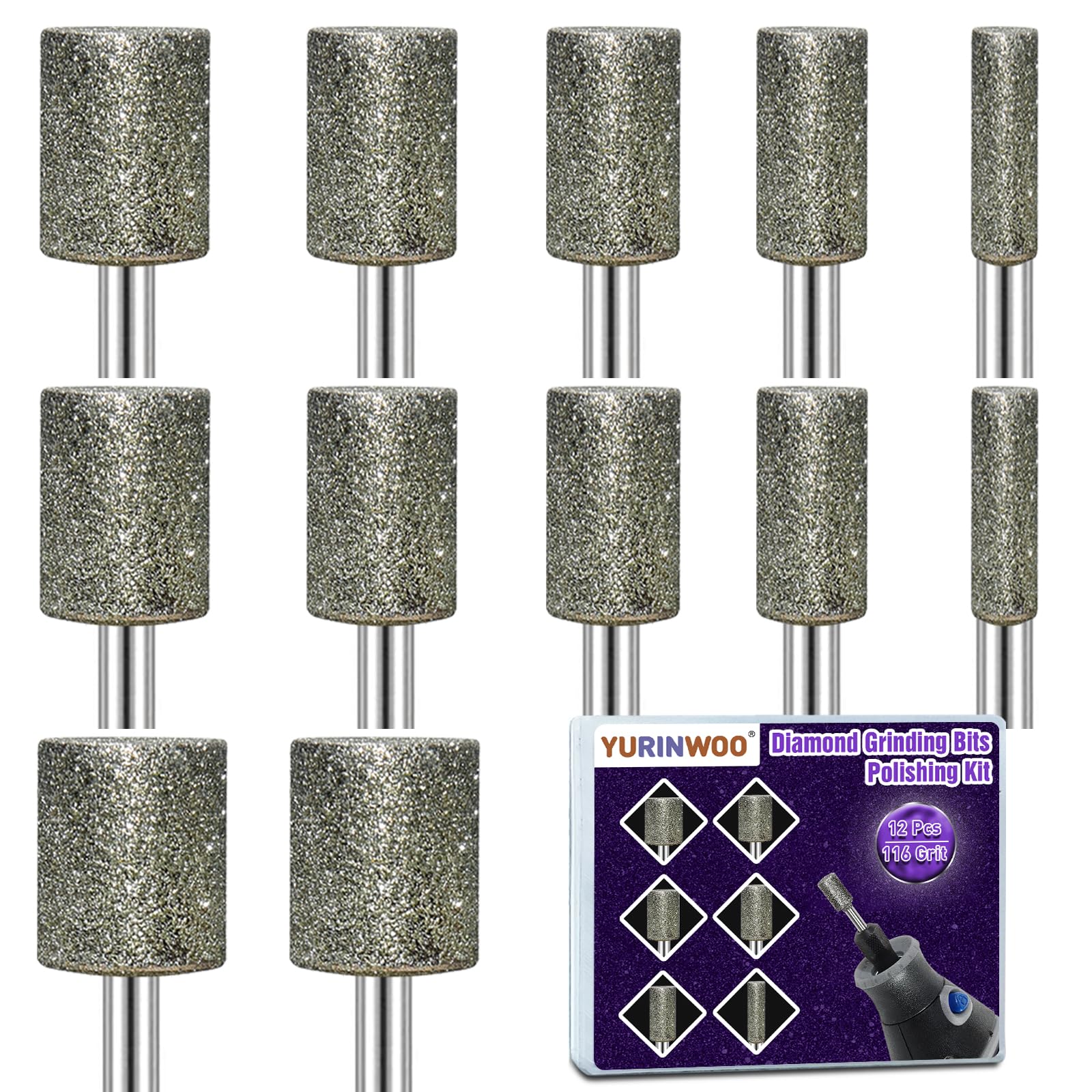 12Pcs Diamond Grinding Bit Set, Grit 116 Stone Carving Set Compatible with Dremel, Diamond Burr Bits Rotary Tool Accessories 3mm Shank for Stone Glass and Ceramic Carving, Grinding, Polishing