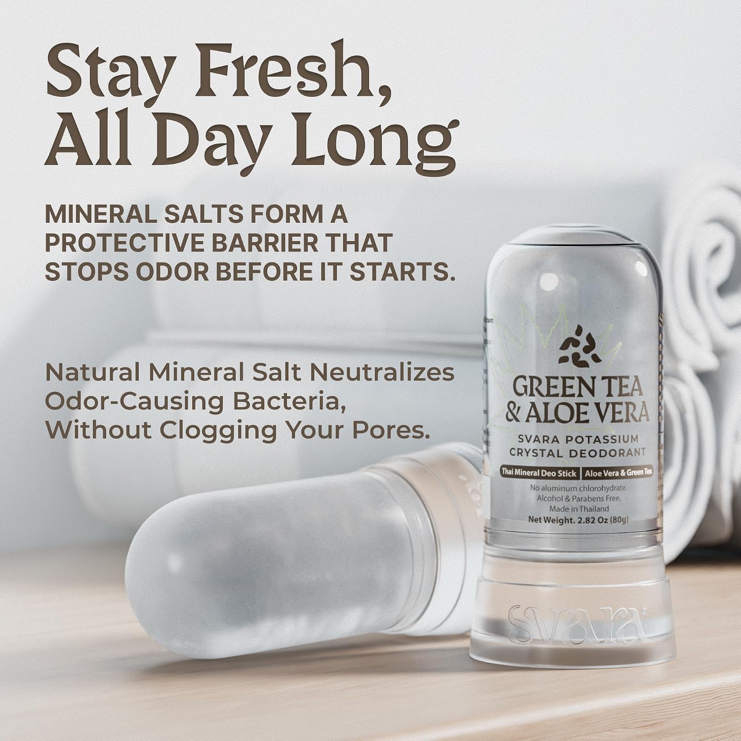 SVARA Natural Alum Crystal Deodorant Stick for Women & Men – Potassium Alum Stone for Odor Control,Non-Sticky Mineral Rock Design for Daily Freshness & Easy Application–Green Tea & Aloe Vera (2.82Oz)