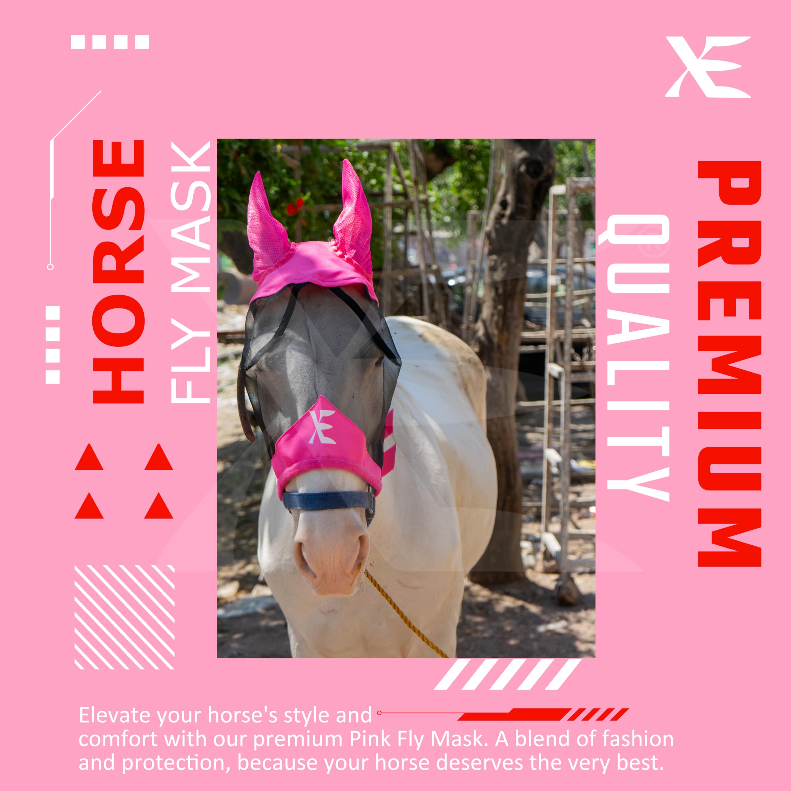 XE Máscara contra Moscas de Caballo con Orejas – Máscara de Caballo de Malla Transpirable para Cara Completa y Nariz para Protección UV y Mosca, Máscara Caballo (Half Pink Mask, COB (M))