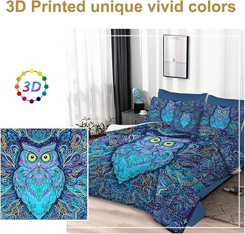 Miniatura 6 de TOPTREE Juego de edredón de 8 piezas tamaño King ligero con búho azul, ropa de cama en una bolsa con edredón, sábana encimera, sábana bajera, funda