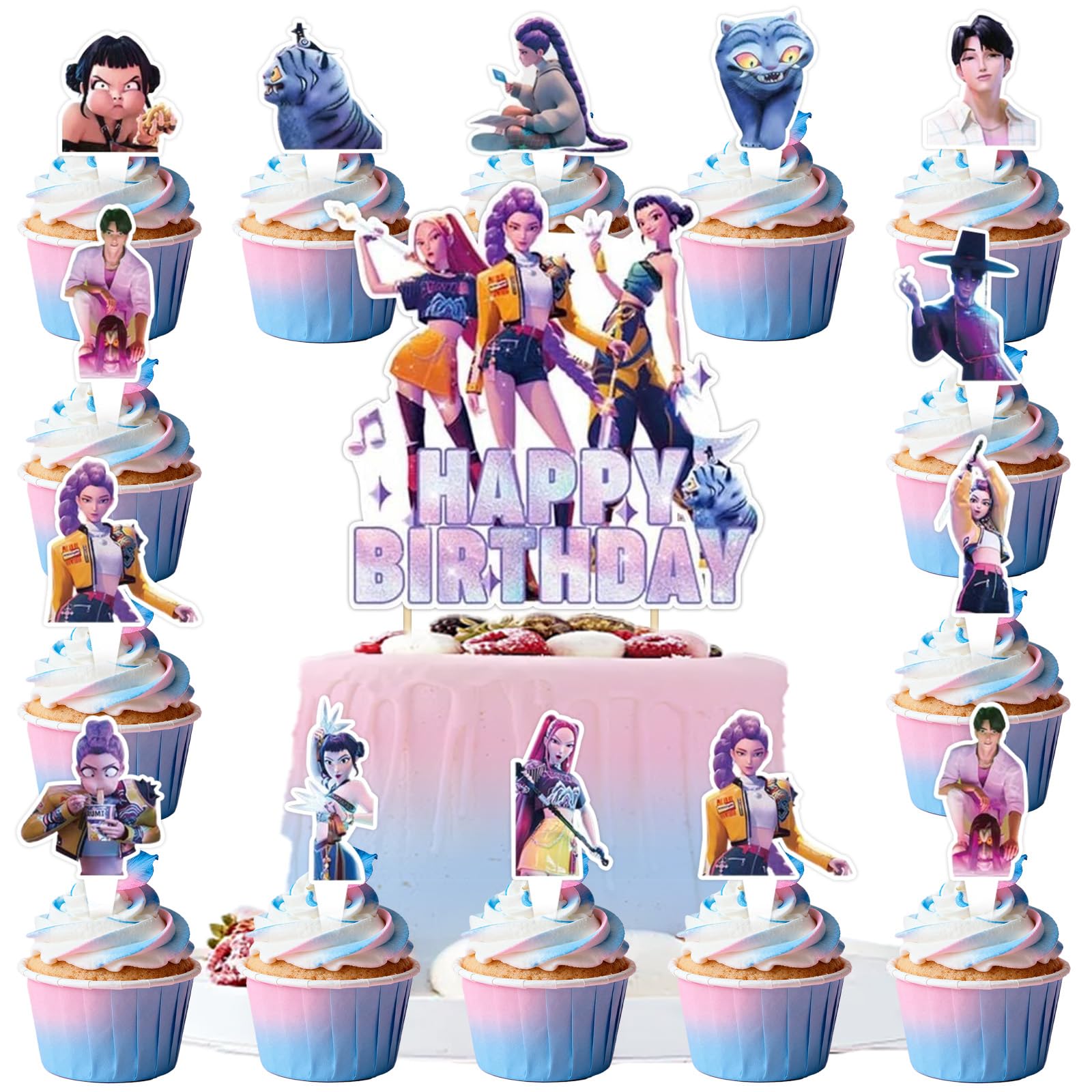 JUNERUN 25 Stück Huntrs Tortendeko Mädchen, Huntrs Kuchen Deko Kindergeburtstag, Cake Topper Set, Happy Birthday Topper für Kinder Geburtstag Party Kuchen Dekoration Supplies (A)