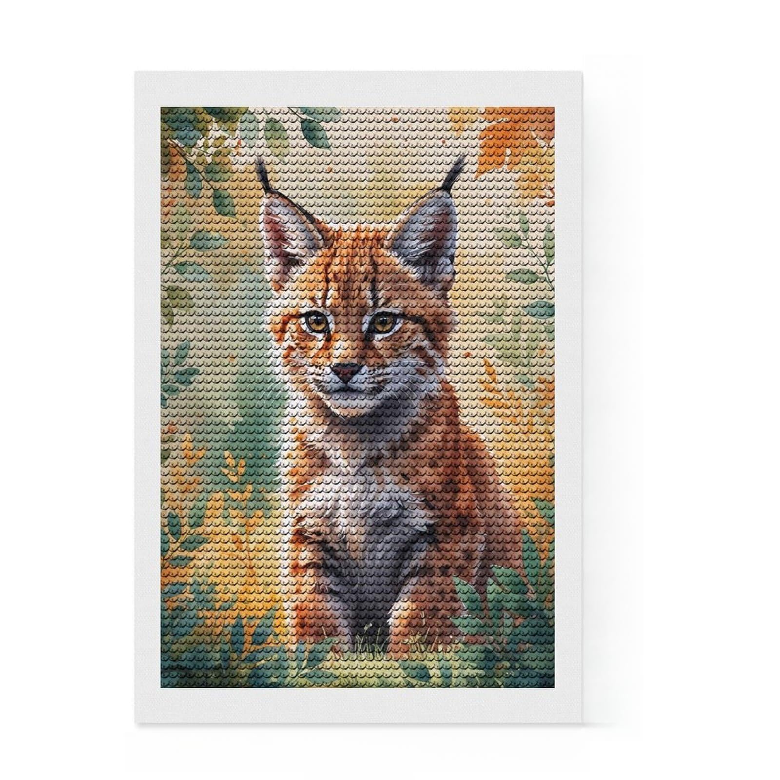 Junmoney Lynx Kitten Watercolor Diamond Painting Kit 8"x12", Relaxing DIY Hobby, Neat Printed Canvas, Home Wall Decor, Thoughtful Handmade Gift