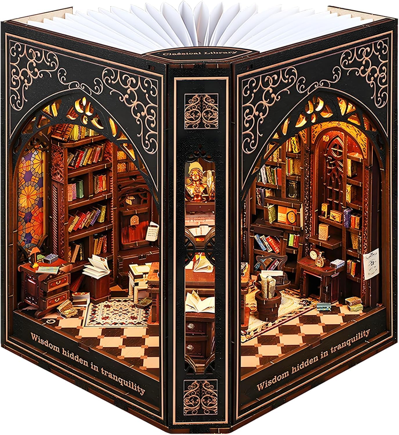 Book Nook Kit - DIY Miniature Booknook - 3D Wooden Puzzle with LED Lights - Creative Bookshelf Insert & Educational Gift for Adults