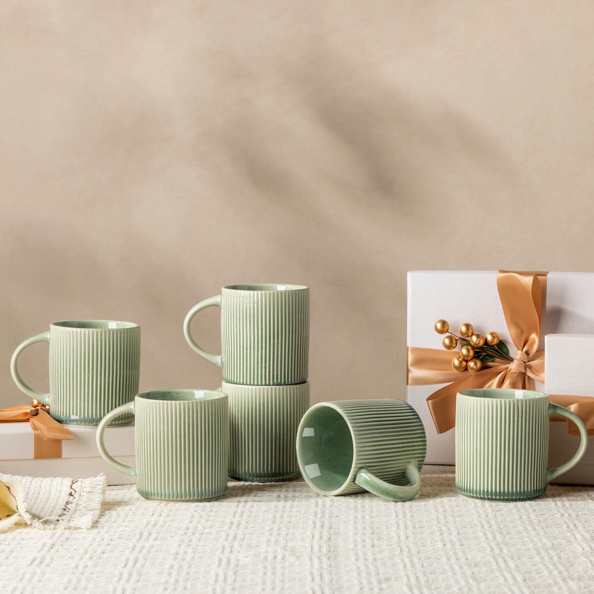 GBhome Stoneware Coffee Mugs Set of 6, 350 ml Coffee Cups with Large Handle for Latte, Cappuccino, Milk,Cocoa, Dishwasher Safe Mug Sets, Quiet Green