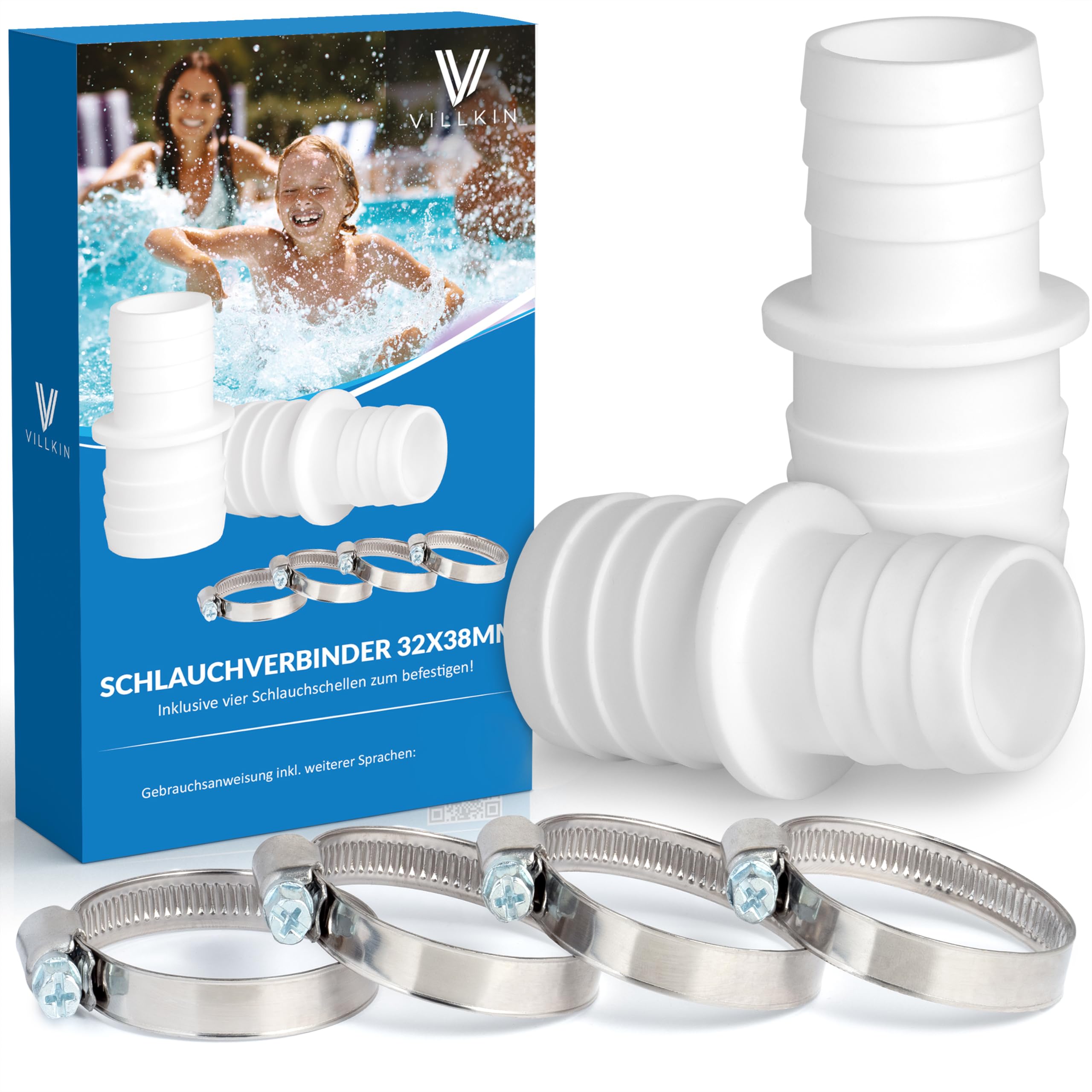 Set Connettori Per Filtro Pompa Piscina Giardino Rhsemi Set Di 4 Connettori Per Tubi Da 32 Mm, Con 8 Fascette Stringitubo Per Piscina, Adattatore Per Tubo Doppio (Bianco Adattatore 32 38 Piscina