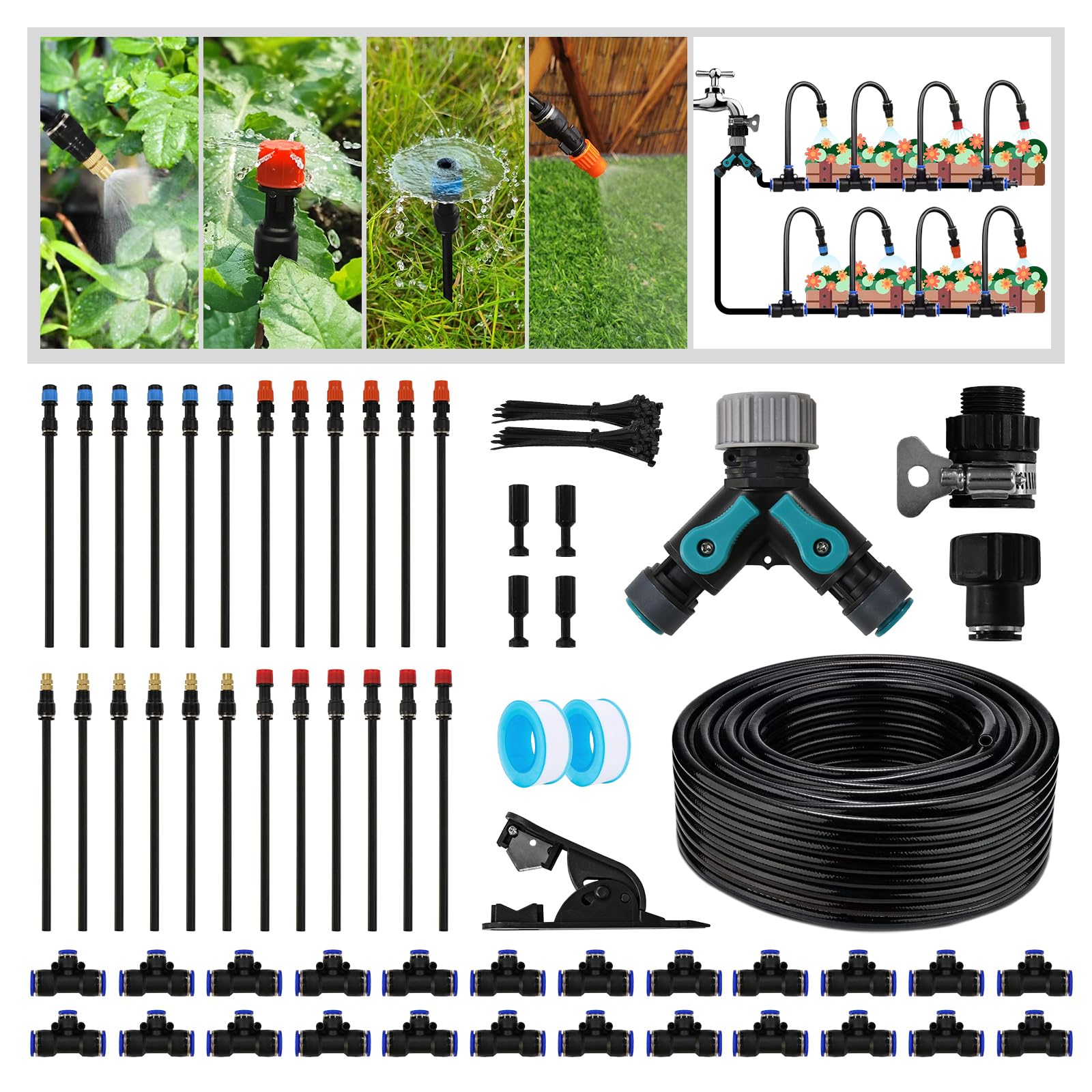 Photo 1 of ***LOOSE PARTS IN BOX*** Kekangerly Drip Irrigation Kit - 100ft Automatic Watering System with 24 360° Sprinkler Nozzles, T-Connectors for Garden, Lawn, Greenhouse, Patio Plants & Hydroponics