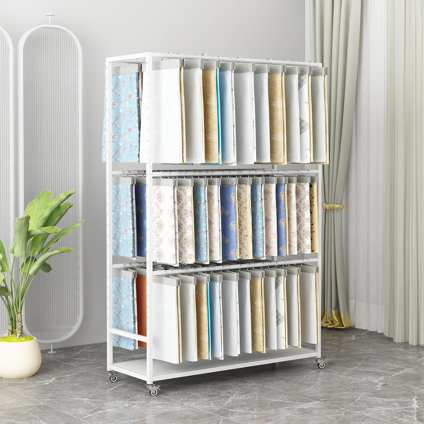 NURUGURE Fabric Display Rack Commercial Textile Sample Organizer with Wheels and Steel Frame for Clothes Scarves and Retail Showroom