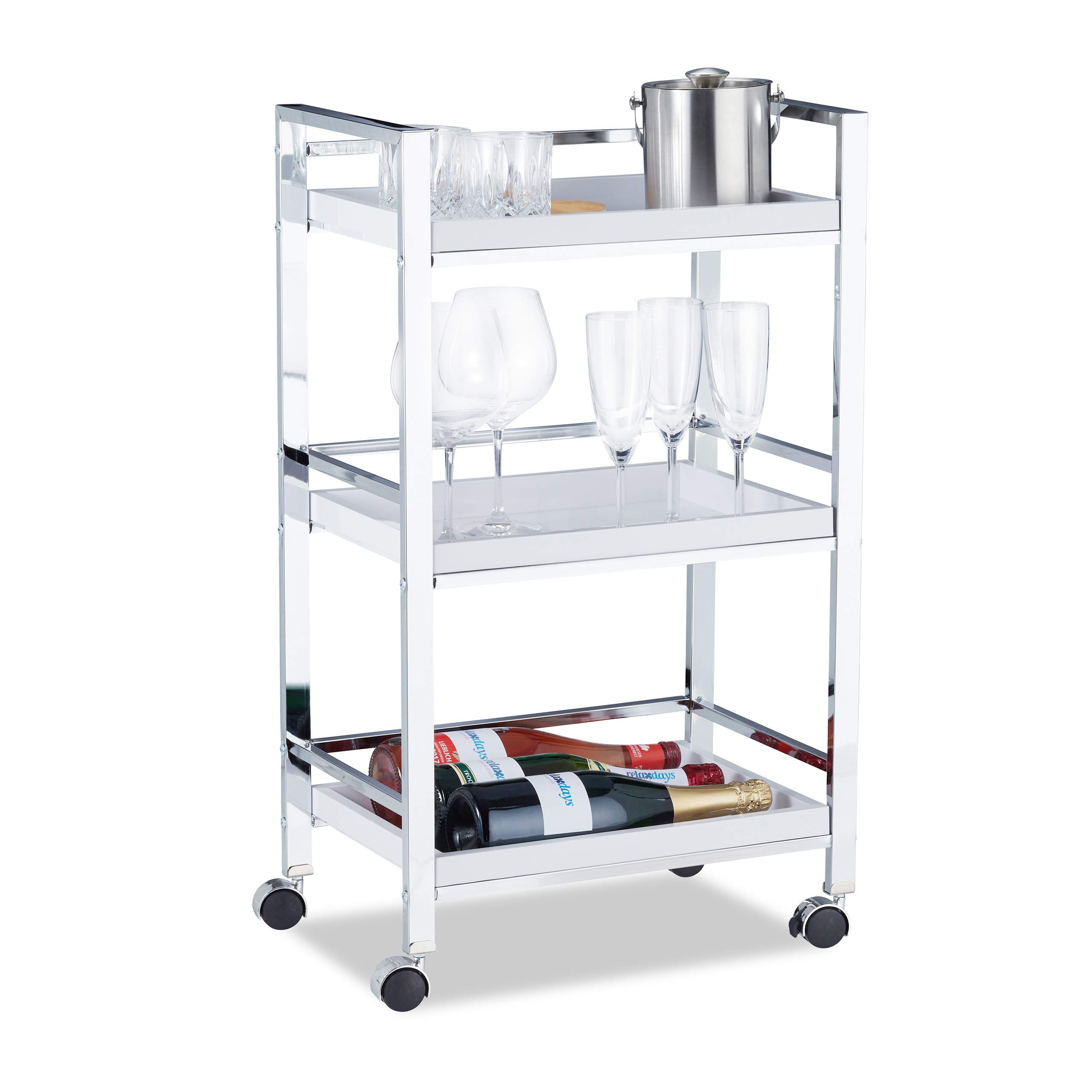 Relaxdays Servierwagen mit 3 abnehmbaren Tabletts, Teewagen, Allzweckwagen mit Rollen, HxBxT: 77,5 x 45 x 29 cm, weiß