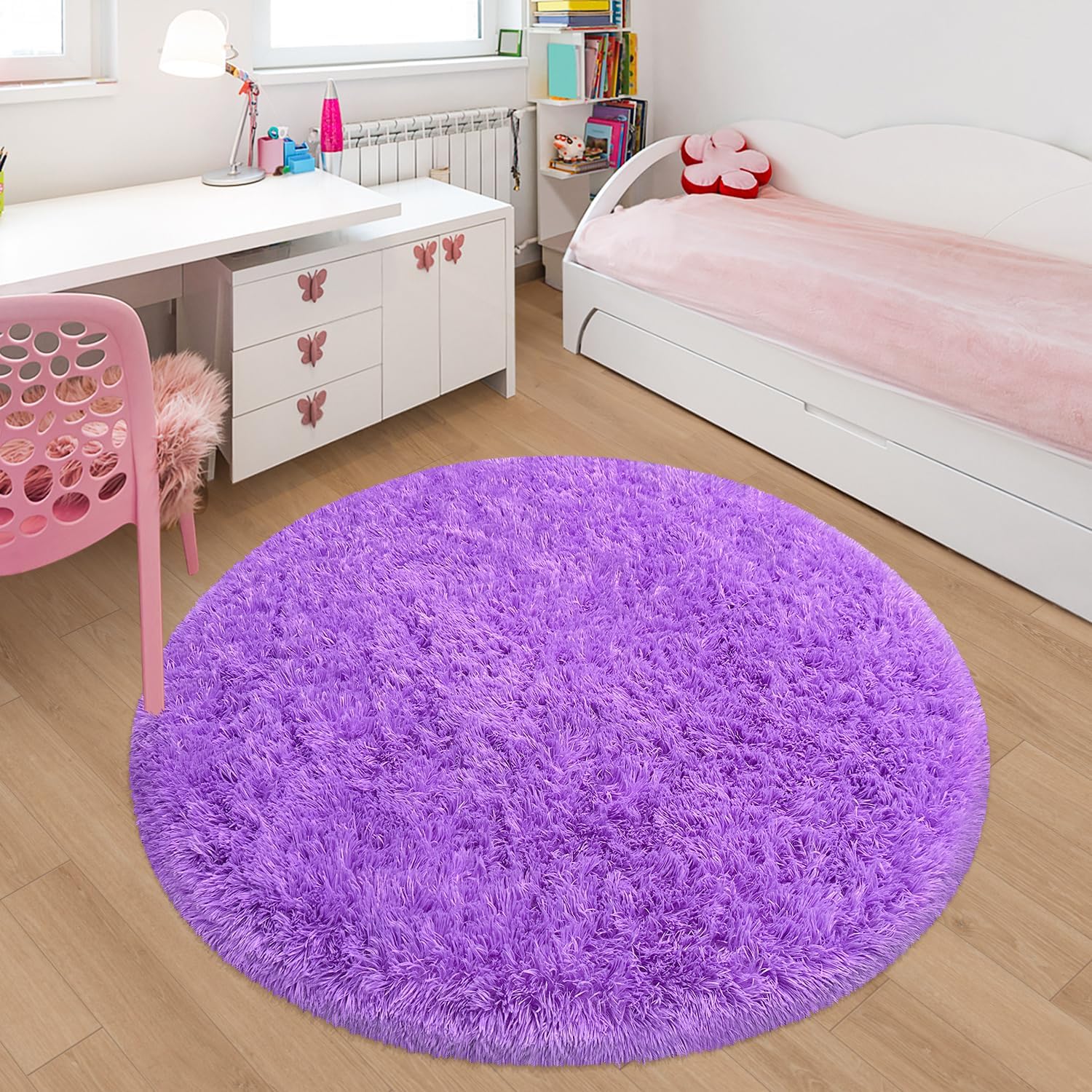 Purple Round Rugs 5Ft for Girls Bedroom Decor Aesthetic, Fluffy Fuzzy Circle Area Rug for Kids Playroom Soft Fuzzy Plush Shaggy Round Carpet for Living Room, Baby Nursery