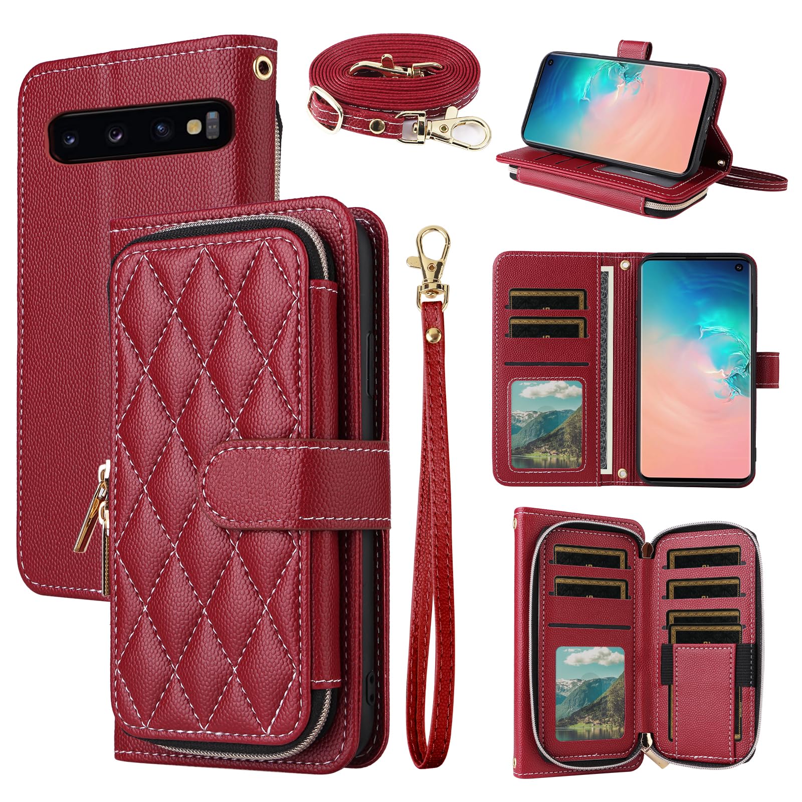 Dswteny Argyle Wallet Case for Samsung Galaxy S10 Plus with Wrist Strap Shoulder Strap,PU Leather Flip Credit Card Holder Stand Cell Phone Cover for