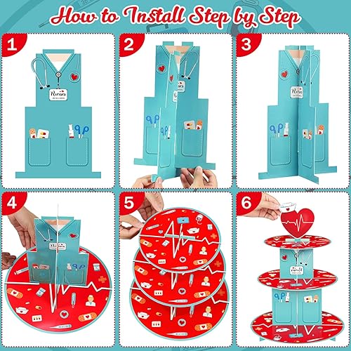 Miniatura 4 de Nuenen Soporte para cupcakes de 3 niveles con temática de enfermera, decoración de fiesta de graduación, soporte médico para cupcakes, suministros
