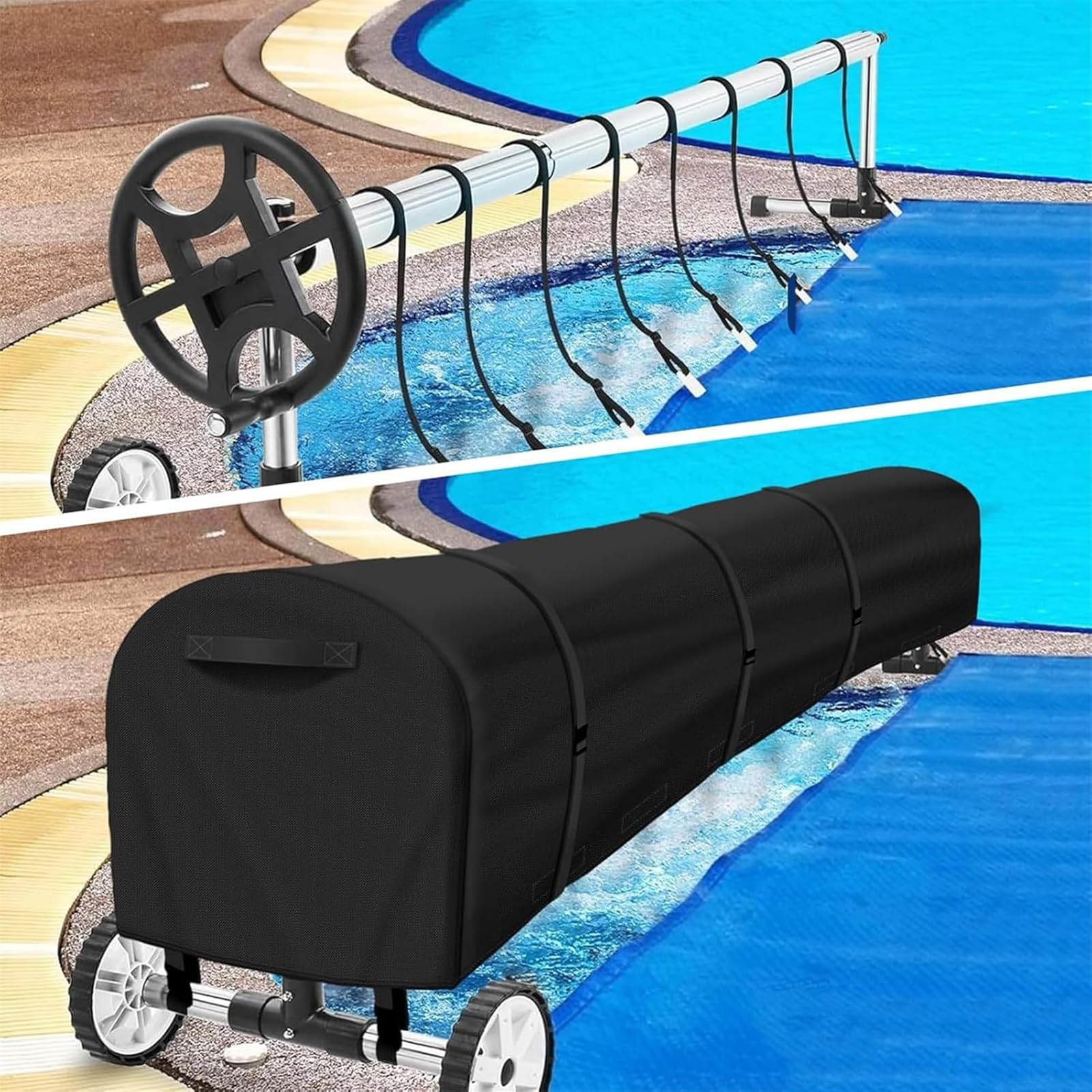 Pool Aufroller Abdeckung, Schwimmbad Solardecke 420D Oxford wasserdichter Sonnen Staubdicht UV beständig Schutzhülle Reel Kordelzug, Aufrollsystem oberirdische inground (Schwarz, 18FT)