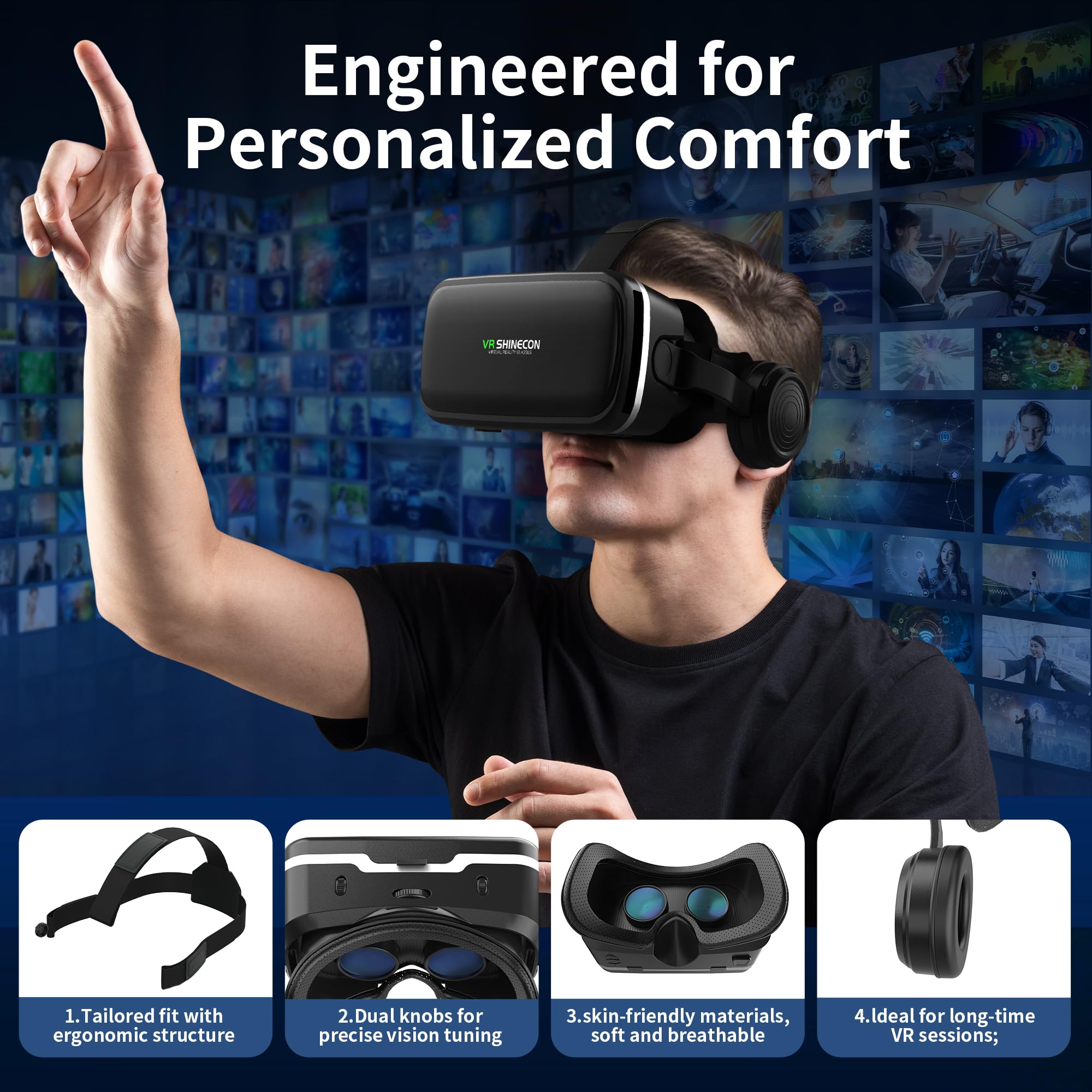XWP VR Headset Headphones, Immersive 3D Virtual Reality Glasses With HD Anti Blue Light Lens Compatible With 4 7 6 6 Inch Smartphones Perfect For Gaming Movies For Kids And Family