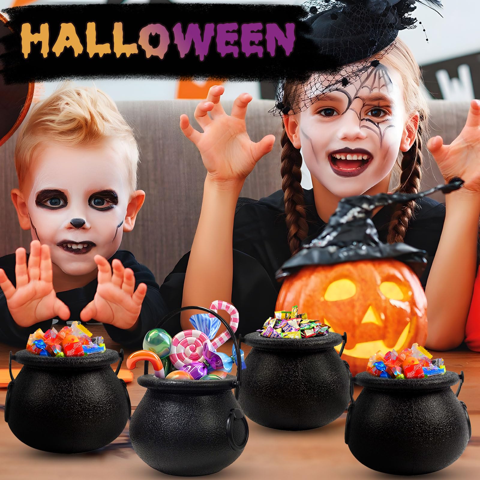 12 Mini Seaux à Bonbons Halloween - Chaudrons Noirs Avec Poignée, Décorations De Fête - 7
