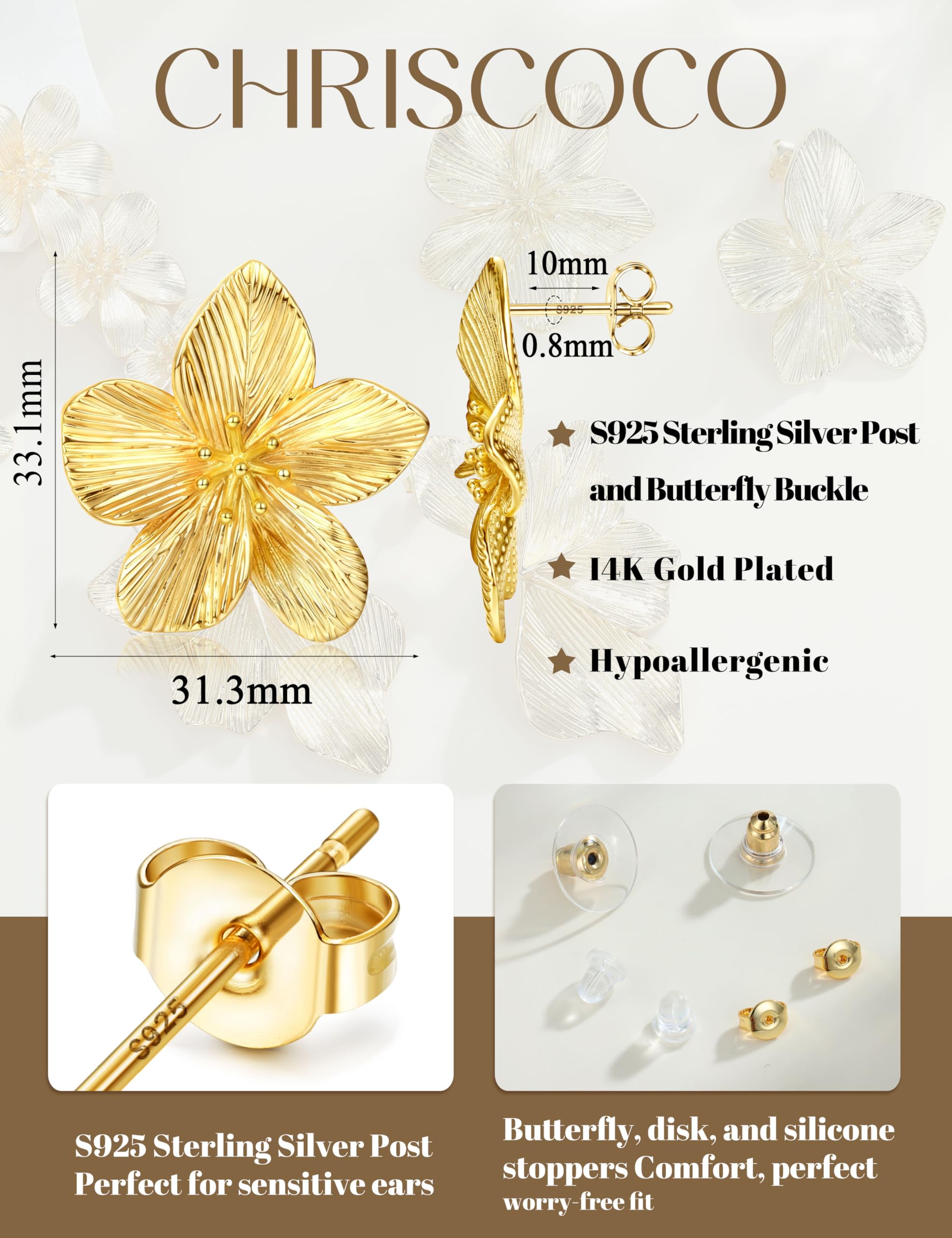 Pendientes de Plata de Ley 925 con Forma de Flor para Mujer