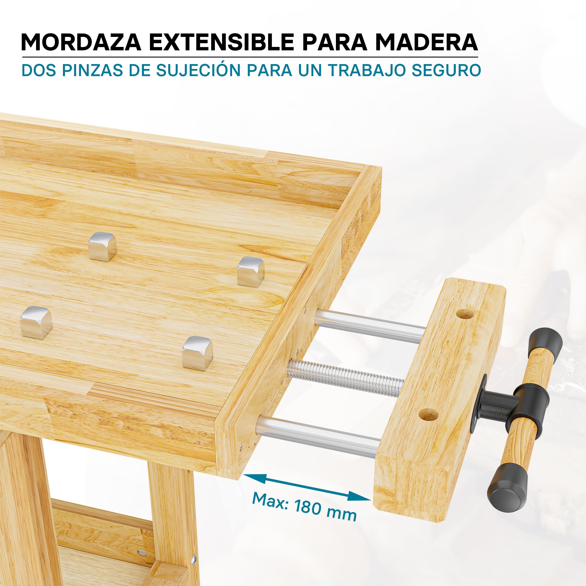 Wiltec Banco de Carpintero 151 x 61,5 x 86 cm Mesa de Trabajo de Madera 150 kg con cajón, Estante y Pinzas de sujeción, Ideal para Trabajos de carpintería, Bricolaje y Taller